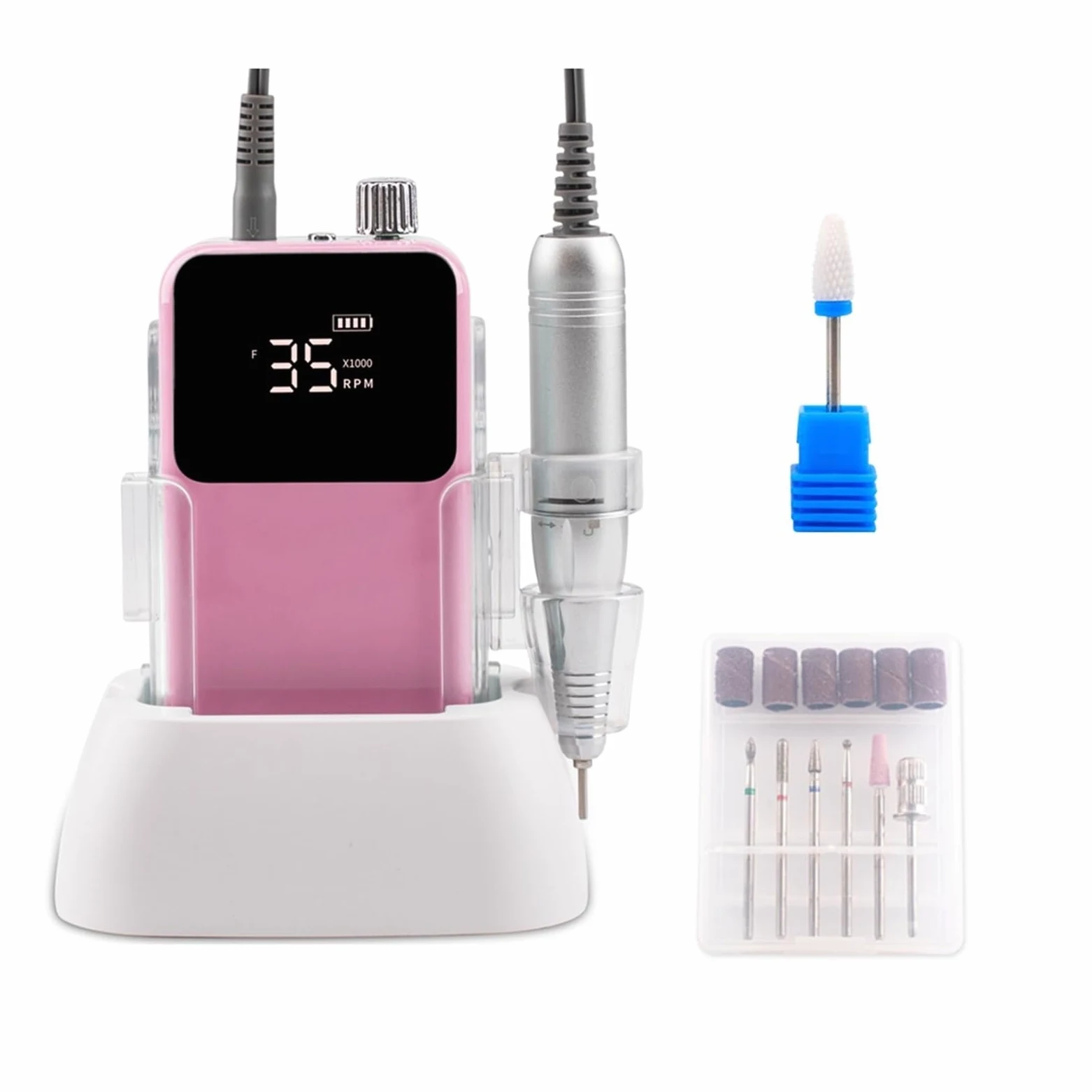 Torno de Uñas Eléctrico, Taladro profesional for uñas, Base de escritorio recargable, 35000RPM, máquina eléctrica for manicura, lima de uñas, pedicura, perforación inalámbrica(Pink)