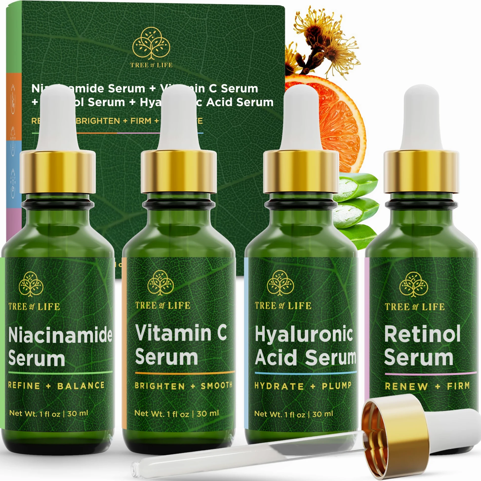 Tree of Life Beauty - Juego de cuidado facial de la piel, sueros faciales iluminadores, reafirmantes e hidratantes para pieles sensibles, niacinamida, vitamina C, retinol y ácido hialurónico, probado