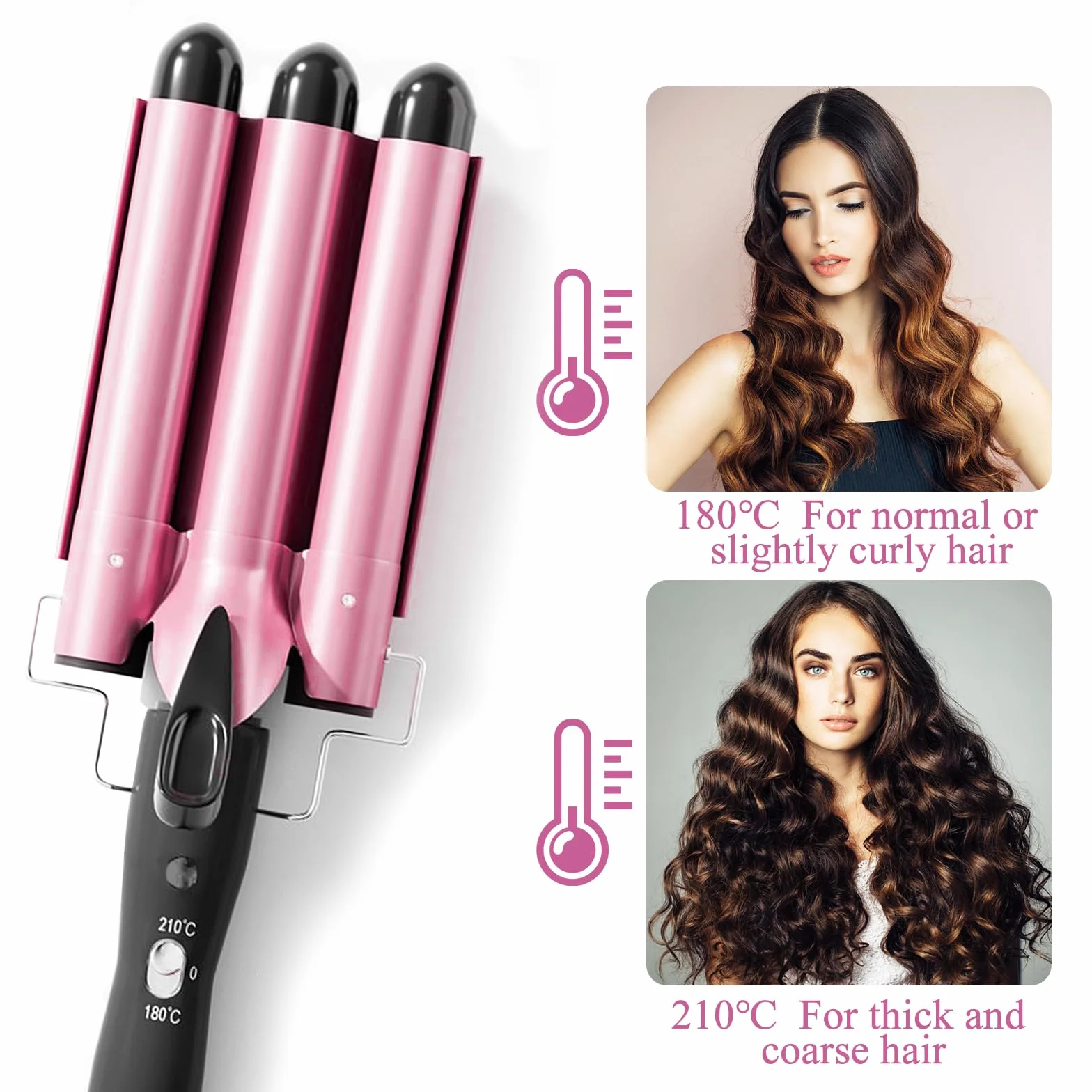 Rizador de Pelo 3 Tubos 22mm Ajustable 180℃/210℃ Turmalina Cerámica con 2 Clips Guante Rosa