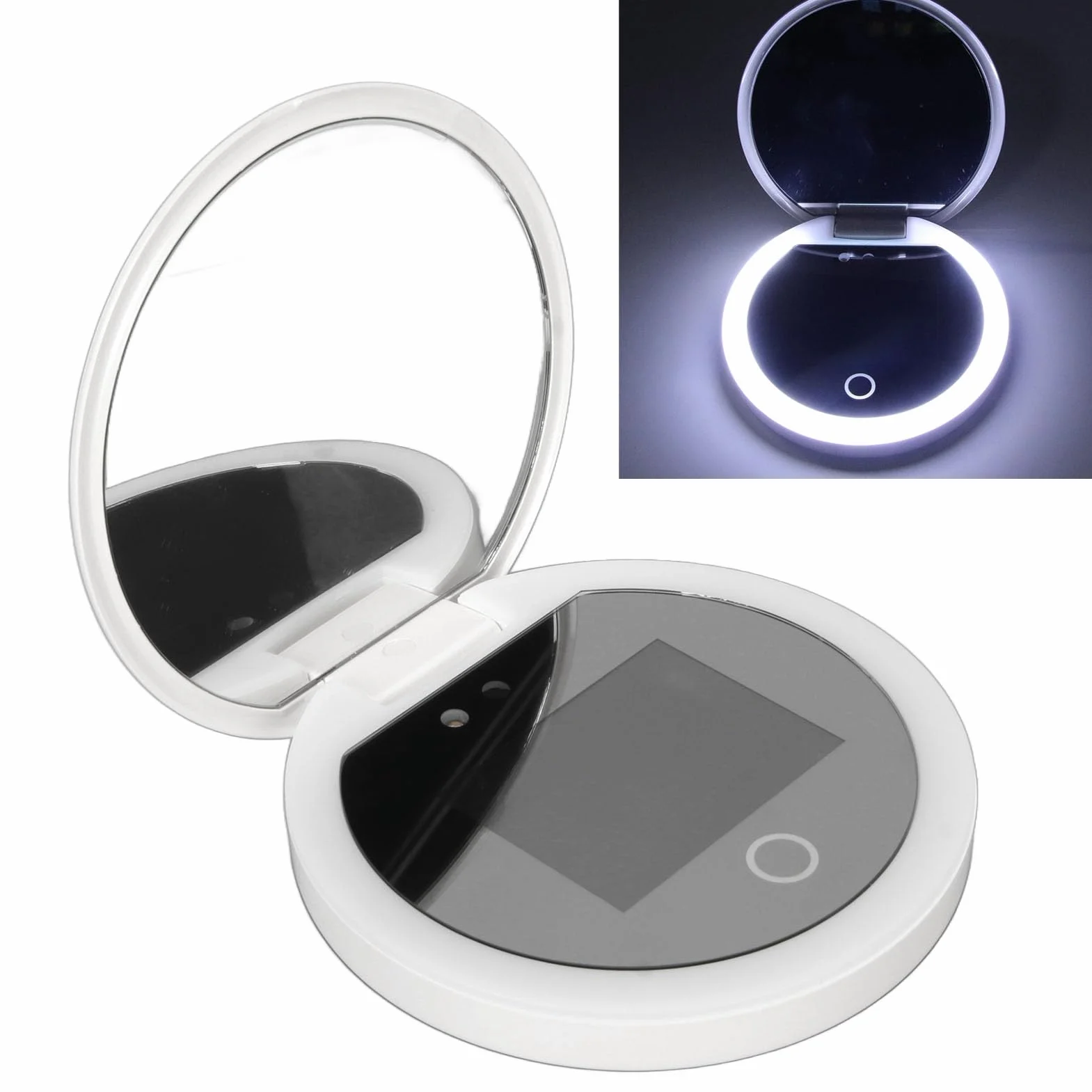 Espejo de Maquillaje LED Viaje con Cámara UV, Aumento 2X, Controles Táctiles y Brillo Ajustable
