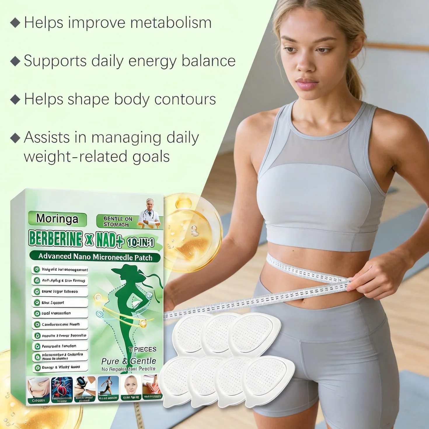 Moringa Parches para Adelgazar con Berberina, Parche Nano Microneedle Adelgazador 28 Piezas 10 en 1