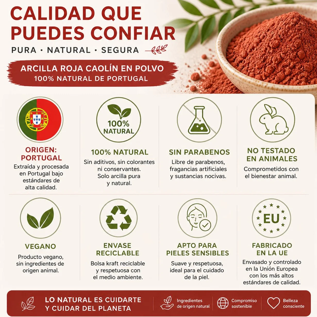 Arcilla Roja Cosmética en Polvo 100% Natural Portugal – Cuidado Facial y Corporal, Jabones DIY – 100 g
