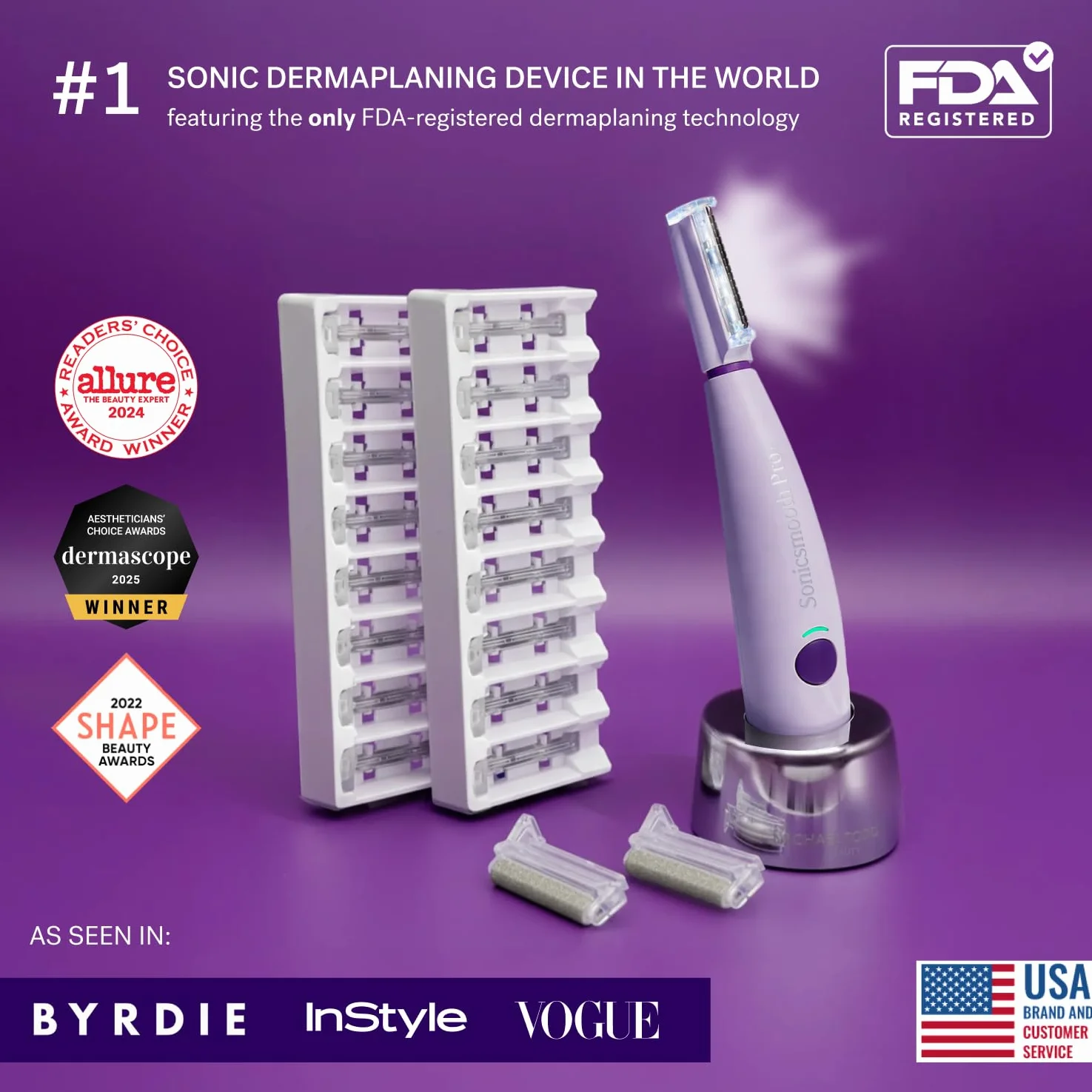 Michael Todd Beauty Sonicsmooth Pro+ Dermaplane - Maquinilla de afeitar para mujer con sistema de dermaplaning de corte de cejas y cara con luz LED, removedor de pelusas de melocotón, 16 cuchillas de
