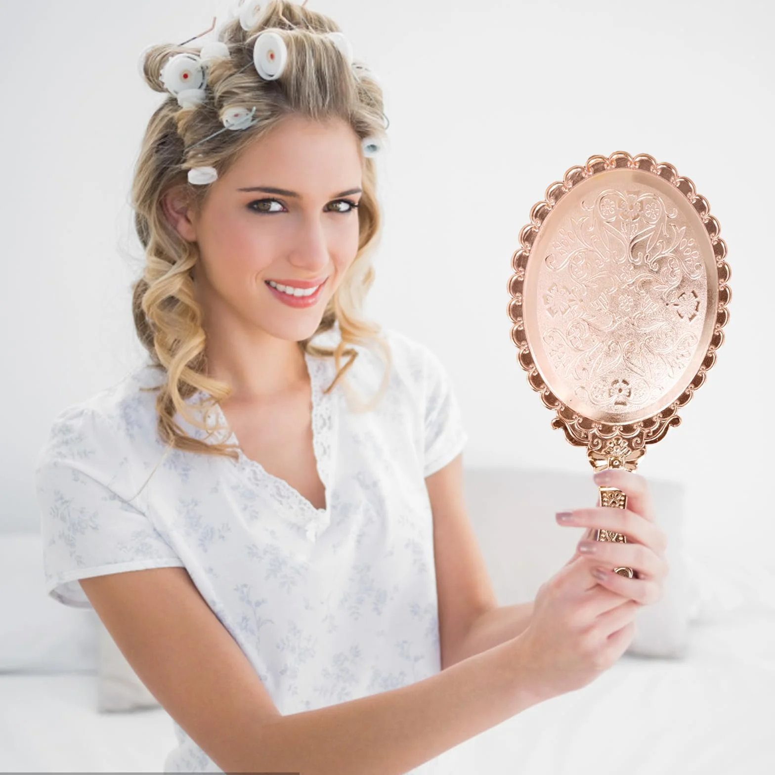 Espejo de Bolsillo Vintage, Espejo de Mano, Espejo de Maquillaje (Oro Rosa)