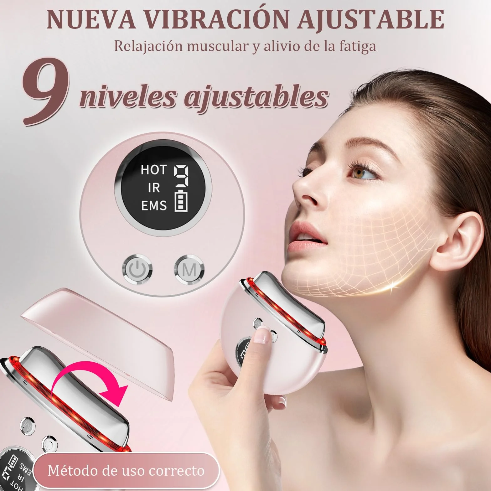 Masajeador Facial Antiarrugas Electrico 4 Modos 3 LED 45℃ EMS Lifting 9 Niveles Vibración Reductor de Papada