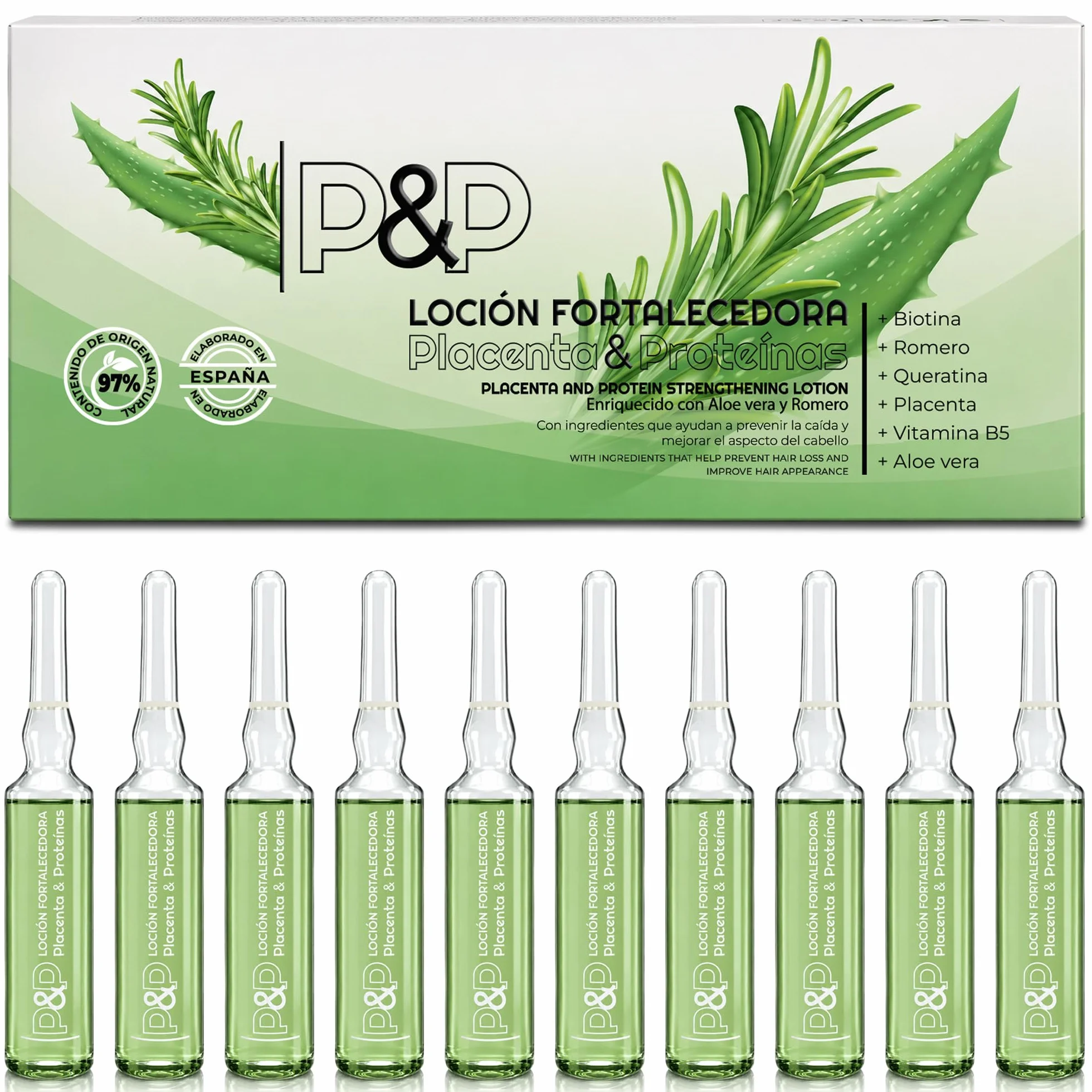 Ampollas Anticaida para el Cabello con Placenta, Romero y Aloe Vera - Tratamiento Fortalecedor - 10x10 ml
