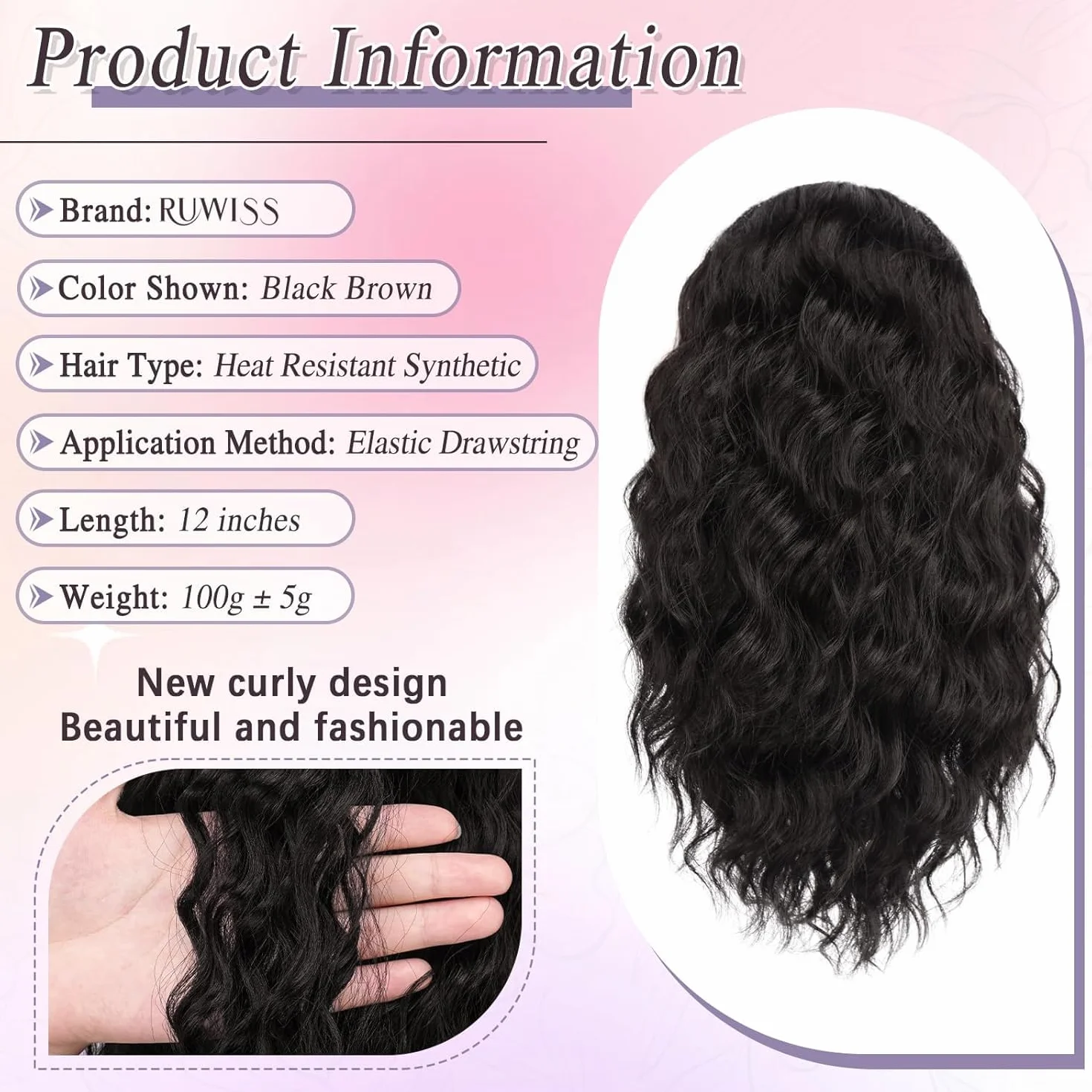 RUWISS Coleta Postiza Pelo Natural, Extensiones Pelo Rizado Coleta Postiza Larga Negro Marrón Ondulado Sintética Ponytail 30 cm Cola Caballo Extension para Mujeres