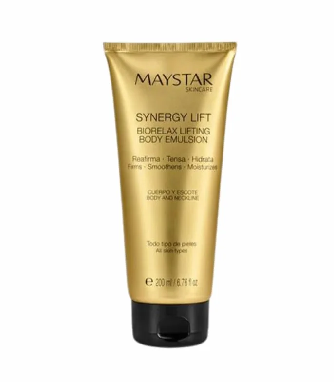MAYSTAR SKINCARE SYNERGY LIFT BIORELAX LIFTING BODY EMULSION 200ml. Emulsión ligera con textura fundente de rápida absorción que deja la piel suave y sedosa.