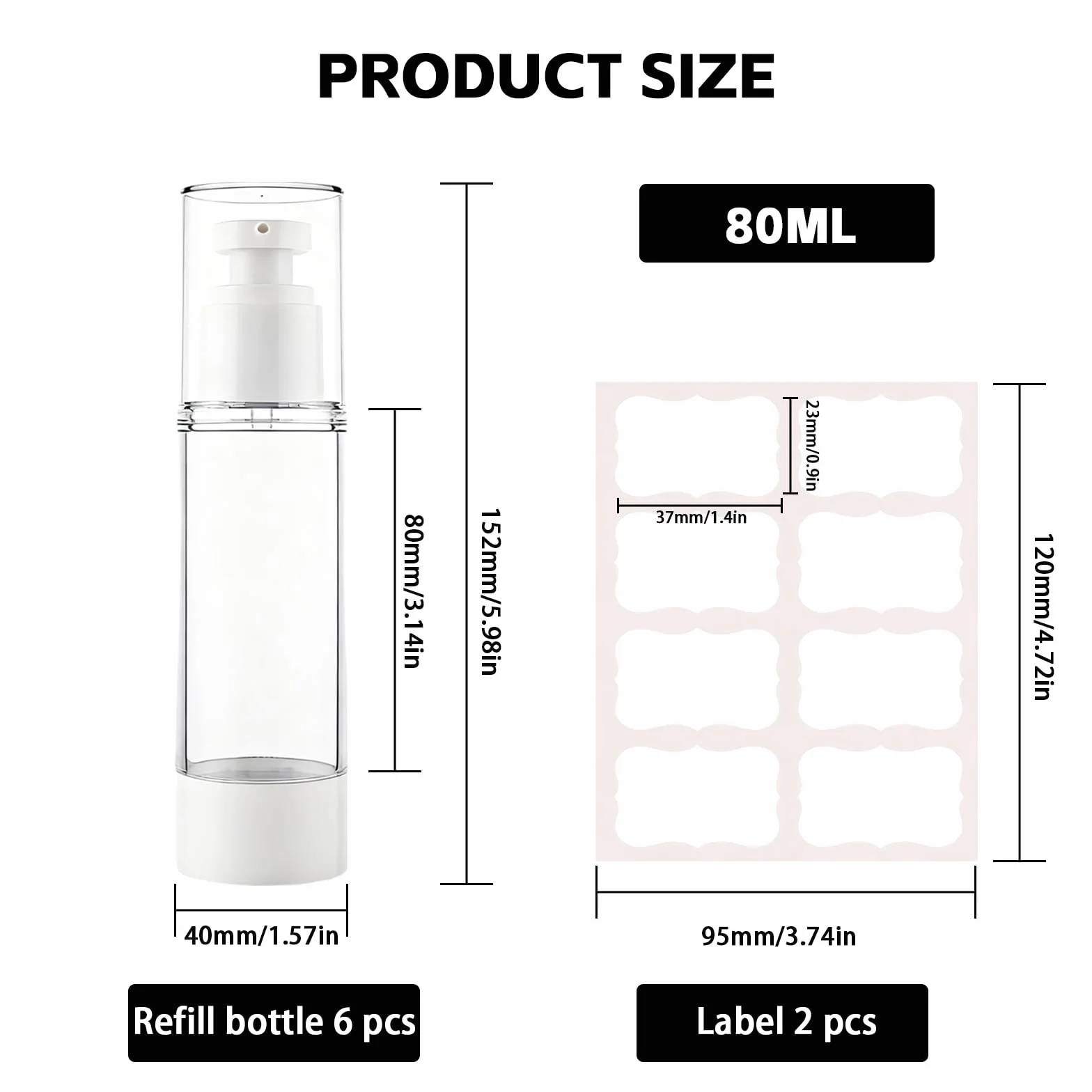 80ml Dispensador De Crema 6 Piezas Airless Pump Dispensador Crema, Botellas De Loción Al Vacío, Rellenables, con Pegatinas, para Loción, Crema Facial, Crema De Manos, Champús, Acondicionadores