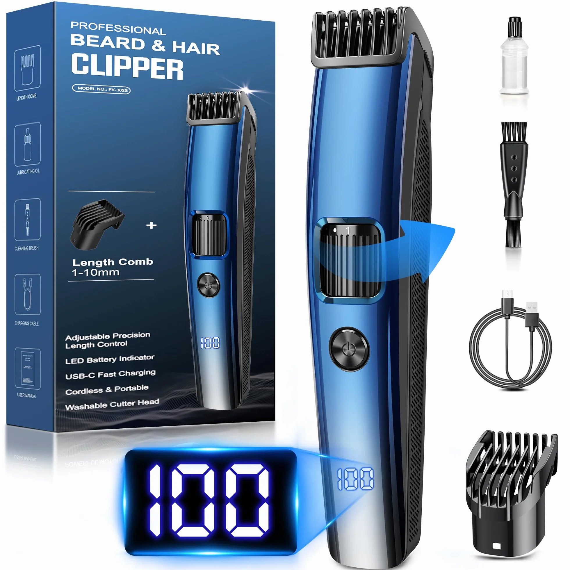 Recortadora de barba eléctrica inalámbrica 1-10 mm con indicador de batería, kit recargable USB