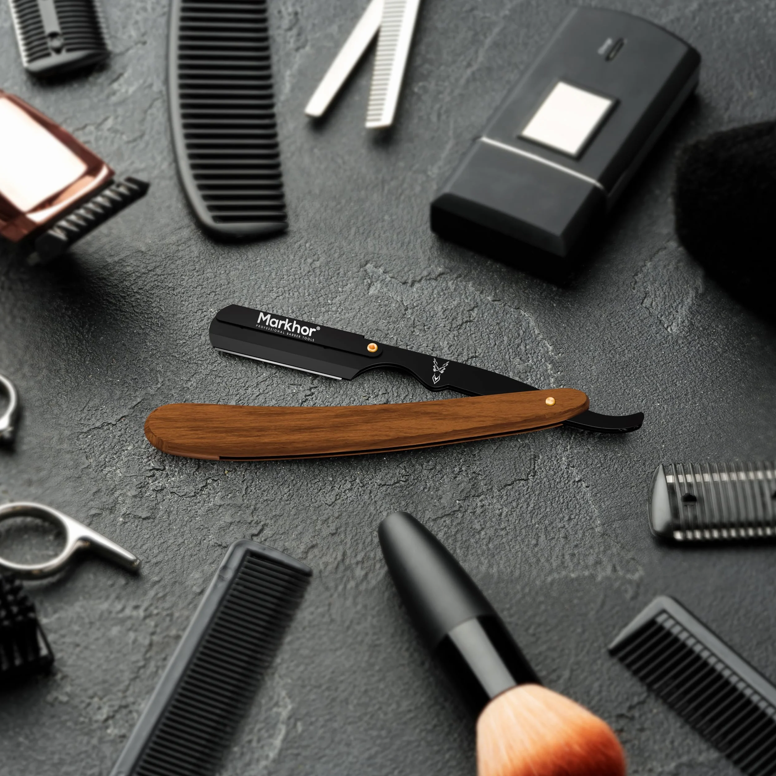 MARKHOR Professional Straight Razor for Men, 100 Blades, Black Matte Wood, Classic Barber Shaving Kit