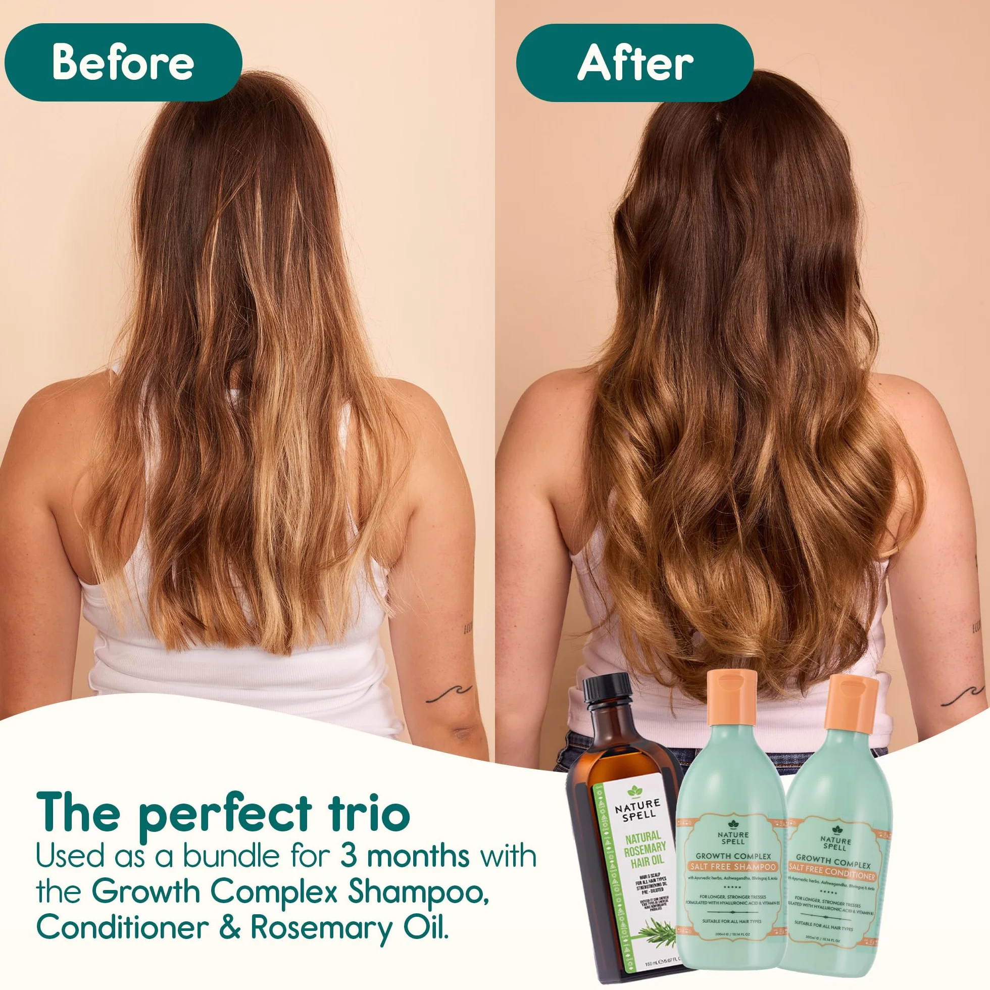 Nature Spell Hair Growth Trio, aceite de romero prediluido para cabello y cuero cabelludo, champú y acondicionador sin sulfatos