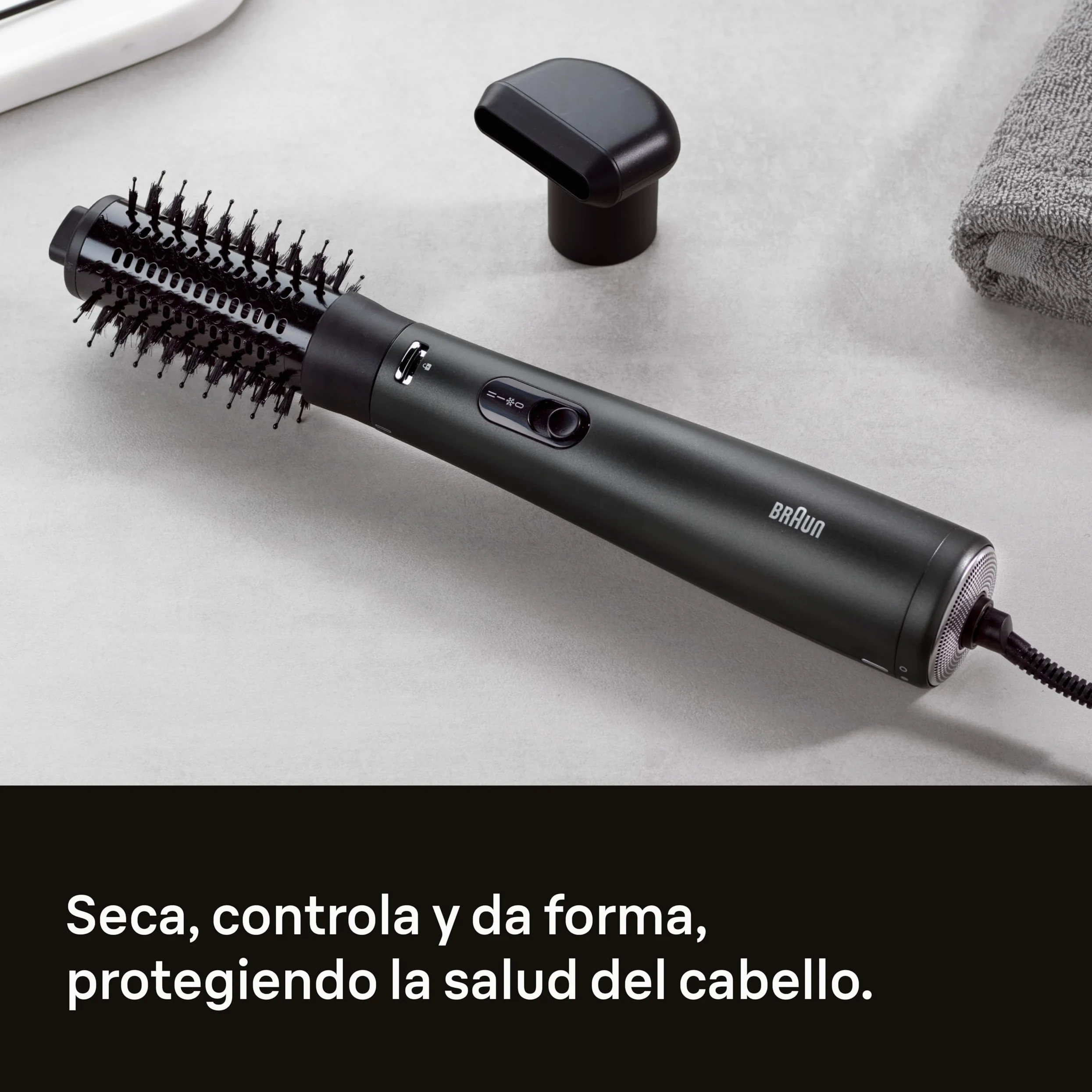 Moldeador de aire Braun AS4.2 – Potente con cepillo térmico redondo para dar forma y volumen y boquilla de secado, motor HTDC, 3 modos de peinado, tecnología IONTEC, negro metalizado– BRAS420E
