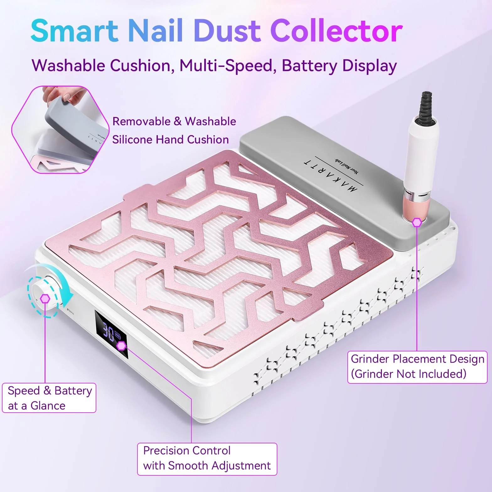 Makartt DUSTINA - Colector de polvo portátil recargable ultrafino con pantalla digital, reposamuñecas de silicona y filtro reutilizable para pulido de gel acrílico Nail Tech | DUSTINA - Reposamuñecas de silicona con pantalla digital y filtro reutilizable