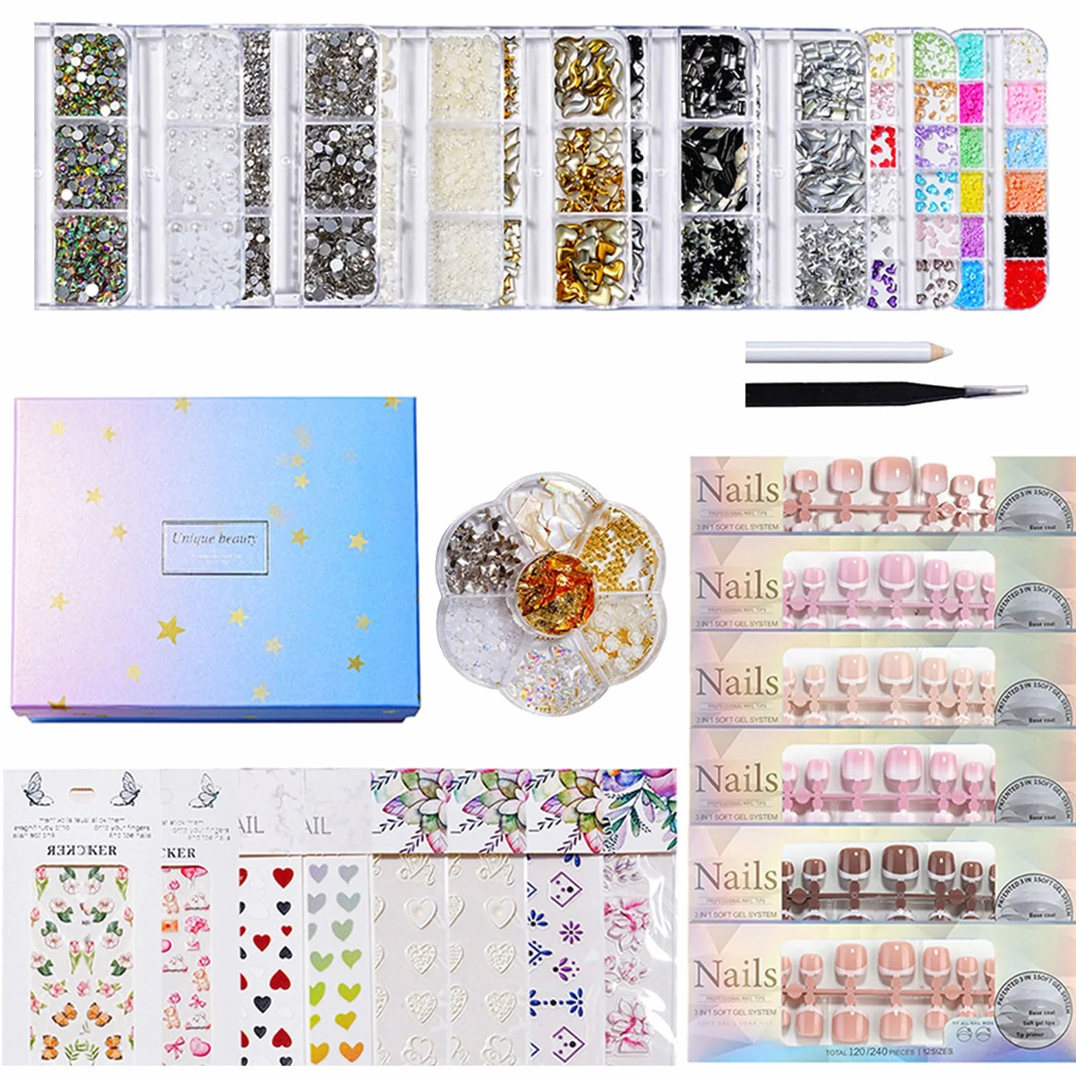 Juego profesional de uñas con herramientas, tiras de punta francesa, dije de flores 3D y calcomanías decorativas para uñas