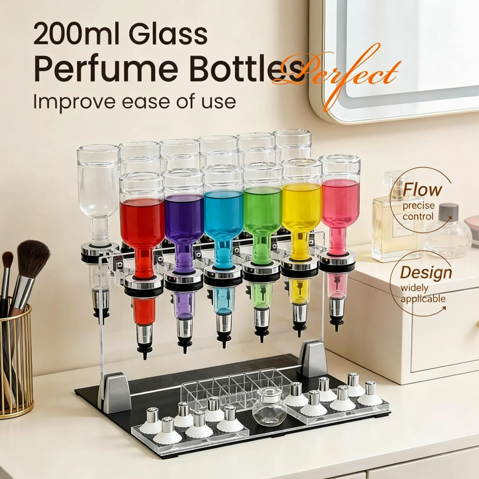 Estación de Recarga de Perfume Manual | Incluye 12 Botellas, 12 Cabezales de Bomba, 12 vasitos de Prueba, Recipiente para café, Base y Placa Trasera | para Tiendas