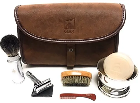 G.B.S Juego de aseo para caballeros - Kit de viaje para aseo personal + cerdas de tejón, maquinilla de afeitar de seguridad de doble filo, cuenco de afeitar cromado, jabón de afeitar, cepillo de barba