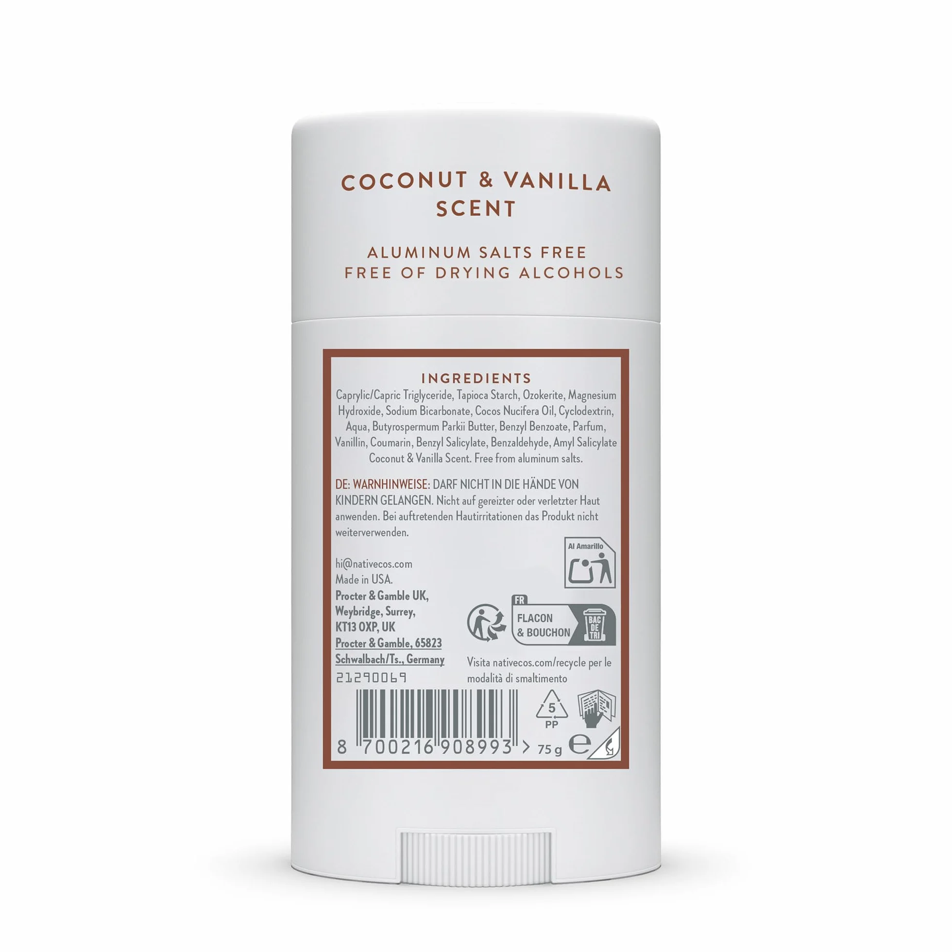 Desodorante Natural para Mujeres y Hombres - Libre de Alcohol y Aluminio - Aroma Coco y Vainilla - Control del Olor 72 Horas (75 ml)