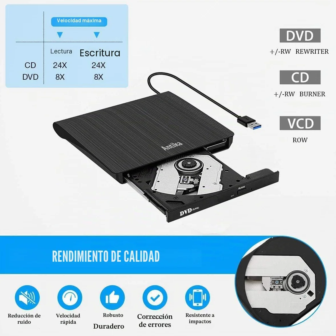 Antika Grabadora de DVD/CD +/-RW USB 3.0 Externa Portátil Ultrafino Compatible con Laptop PC Mac Windows