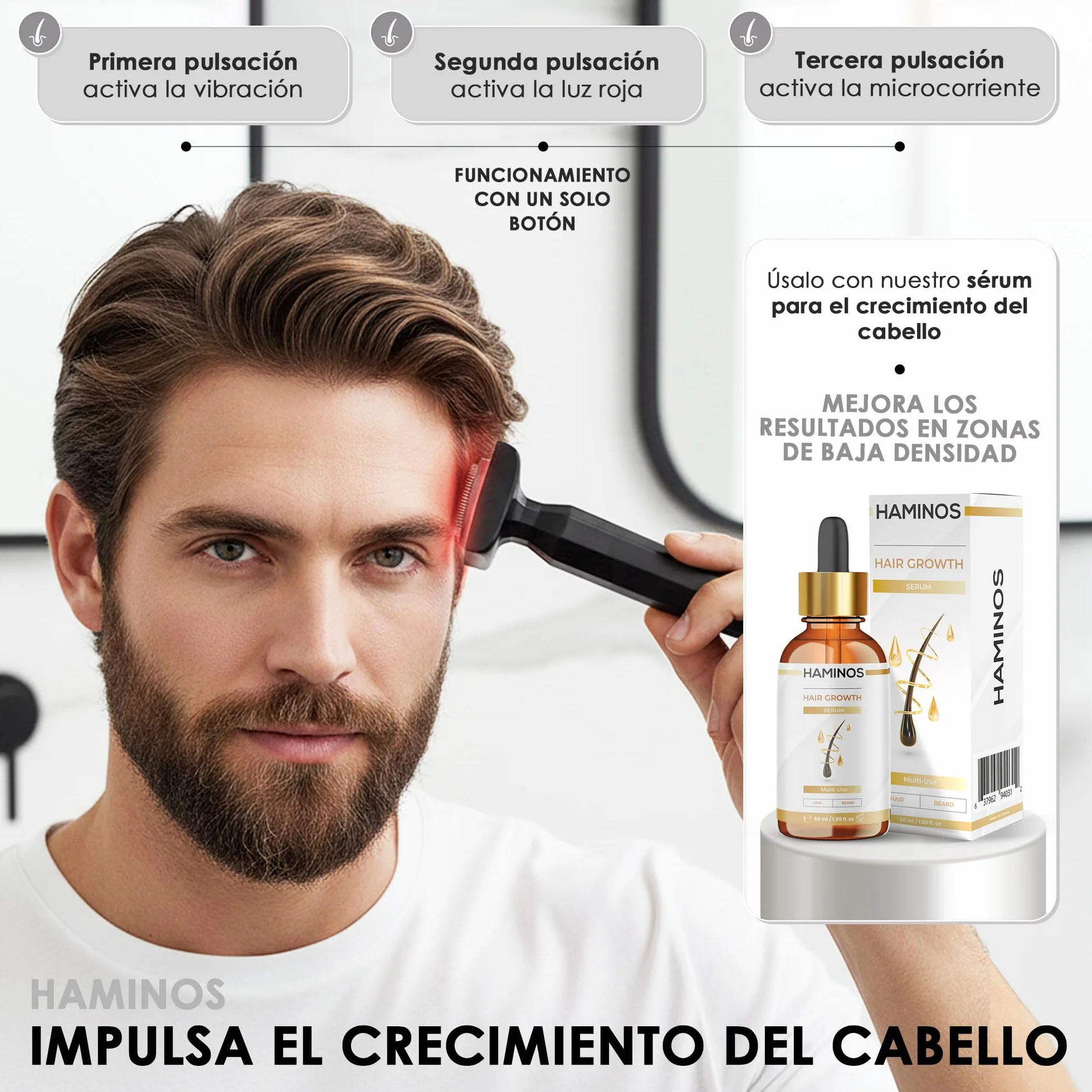 HAMINOS Derma Stamp 0,25 mm Microneedling 4 en 1 para Cuero Cabelludo, Luz Roja, Microcorriente, Vibración, Recargable USB-C