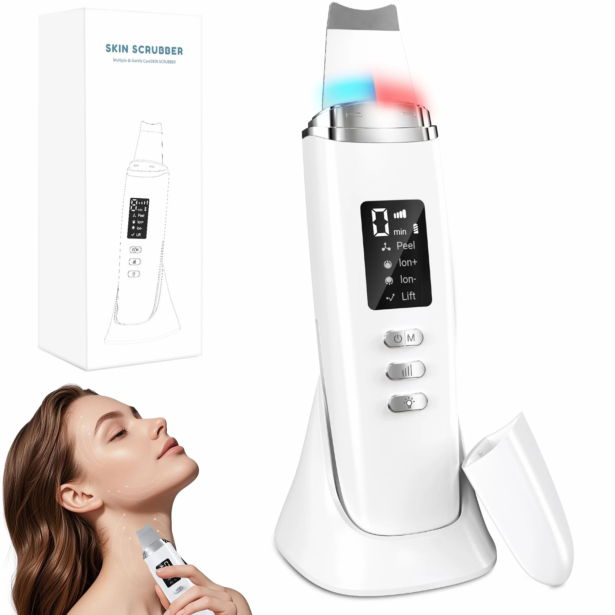 Peeling Ultrasónico Facial, Limpiador Ultrasonidos con 4 Modos e Intensidad Ajustable, Luz Roja y Azul, Skin Scrubber