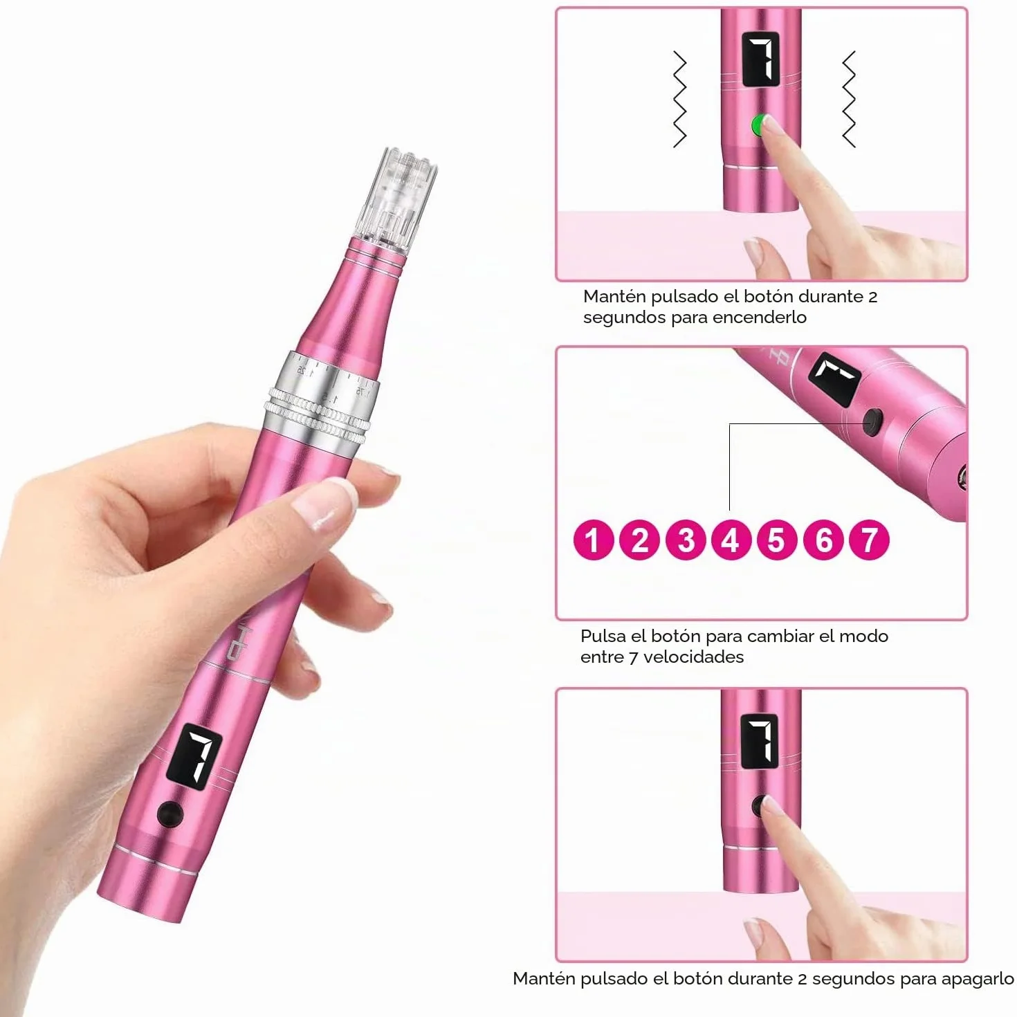 Derma Pen Eléctrico Pantalla LCD 7 Niveles Velocidad 12 Cartuchos Rosa