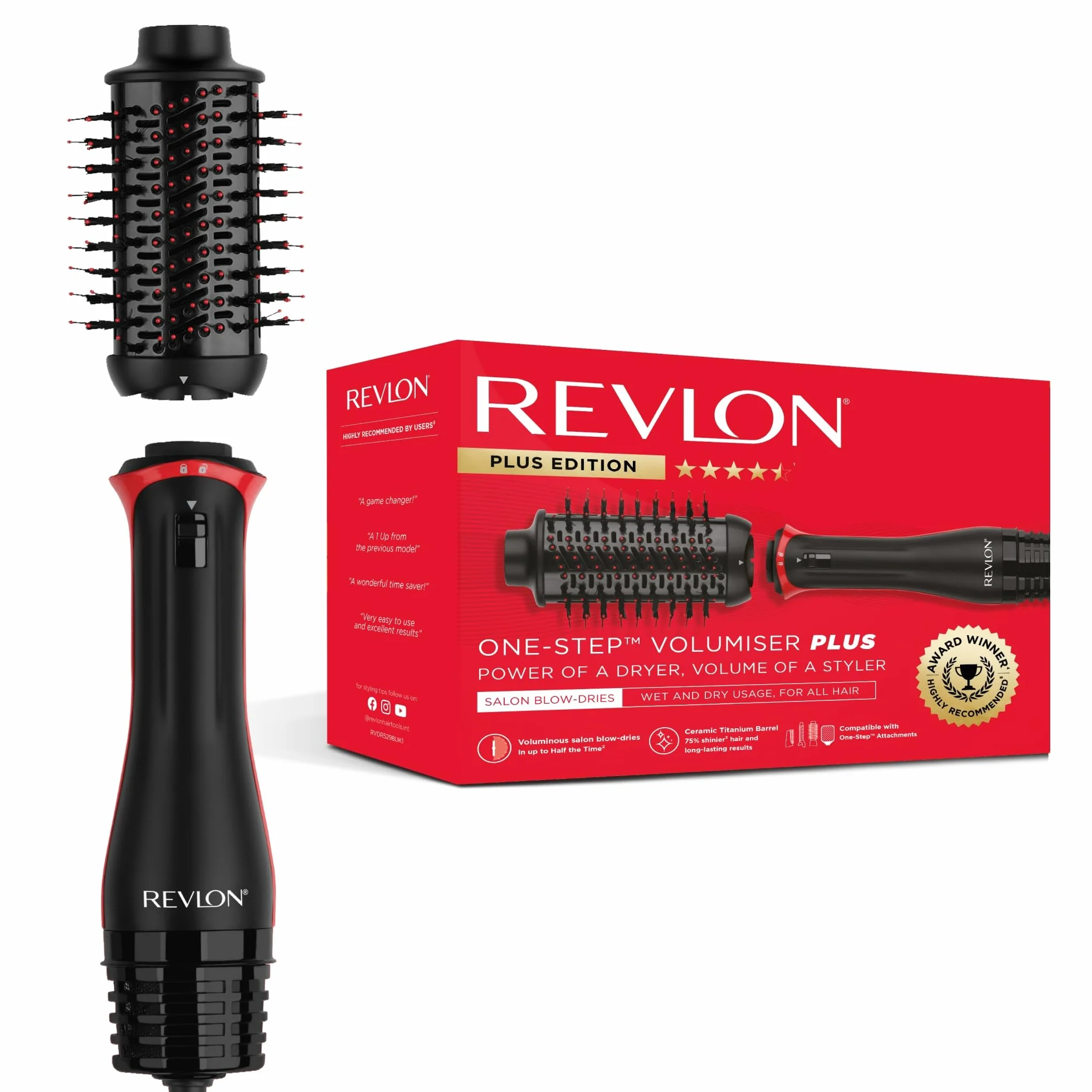 Revlon One-Step Plus Voluminizador Cabezal Desmontable Titanio Cerámica Cerdas Mixtas Carbón Activado