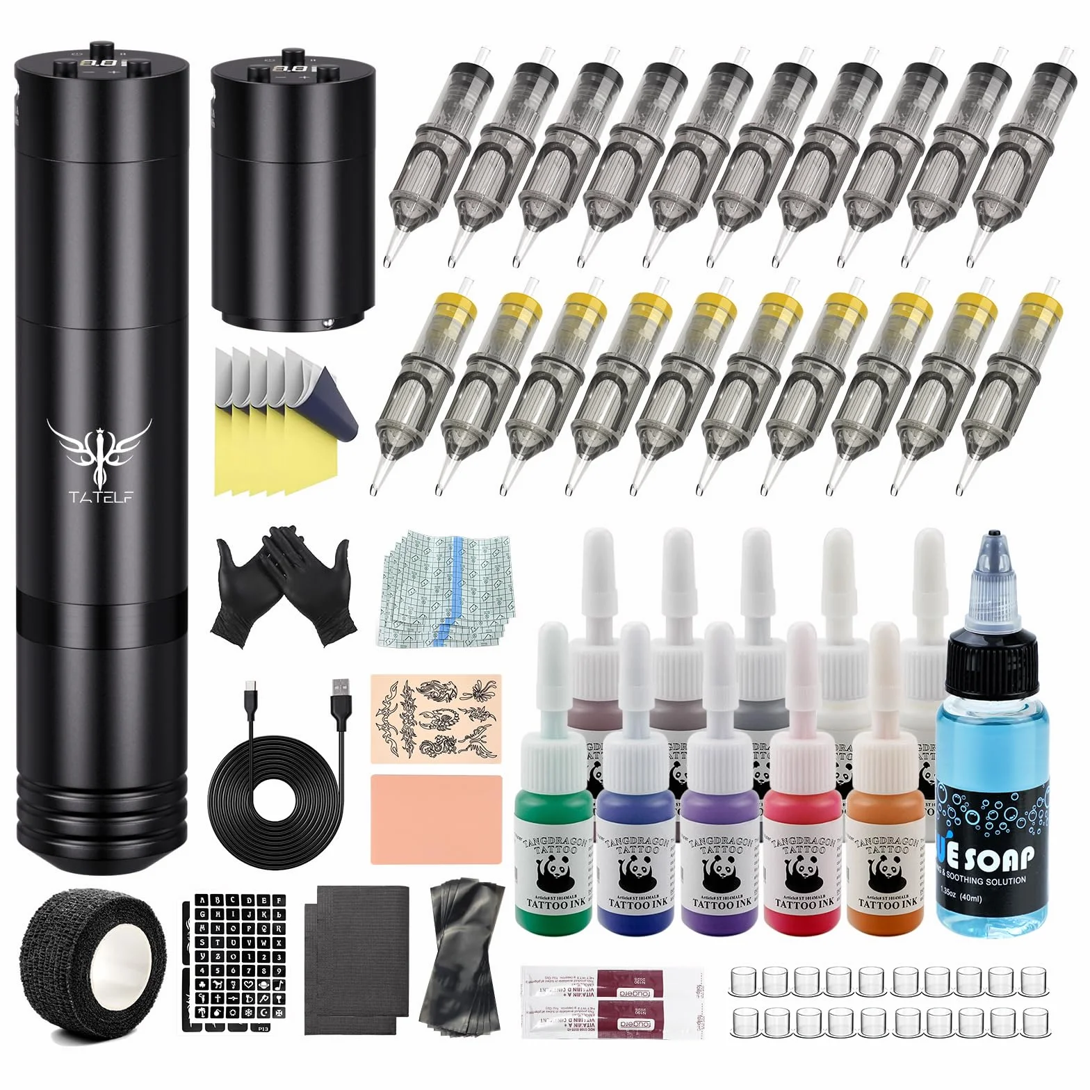 TATELF Set Completo de Máquina de Inalámbrica con 2 Baterías de 1500 mAh – Perfecto para Principiantes, Líneas Finas y Artistas Profesionales – Incluye 20 Agujas Estériles y 10 Botellas de Tinta