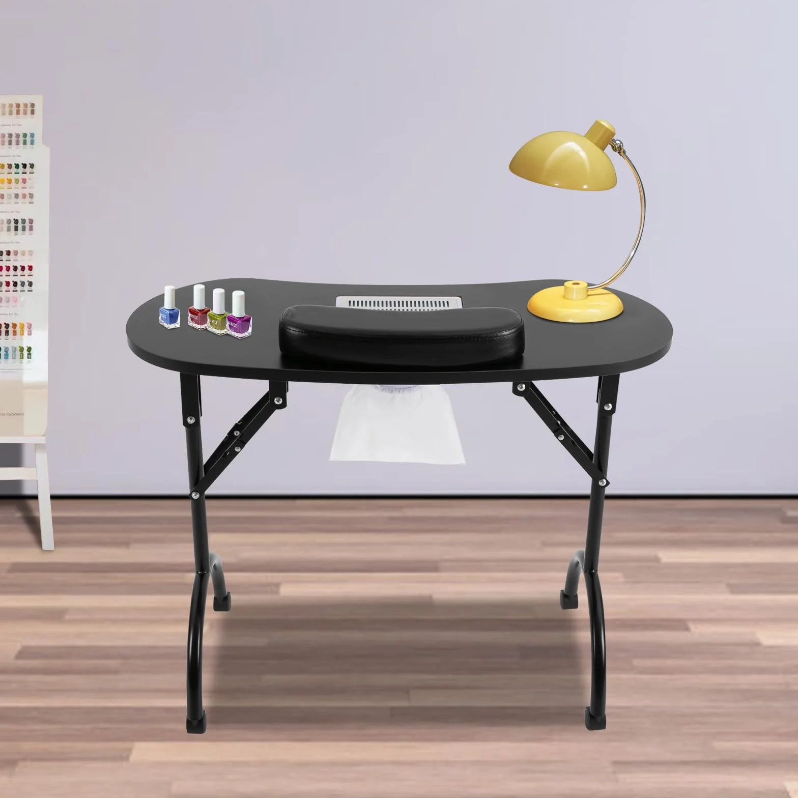 Mesa de manicura plegable con aspiración, mesa de manicura portátil con ruedas y cojín para la muñeca, mesa de manicura portátil para corte de cabello, cosmética y cuidado de uñas