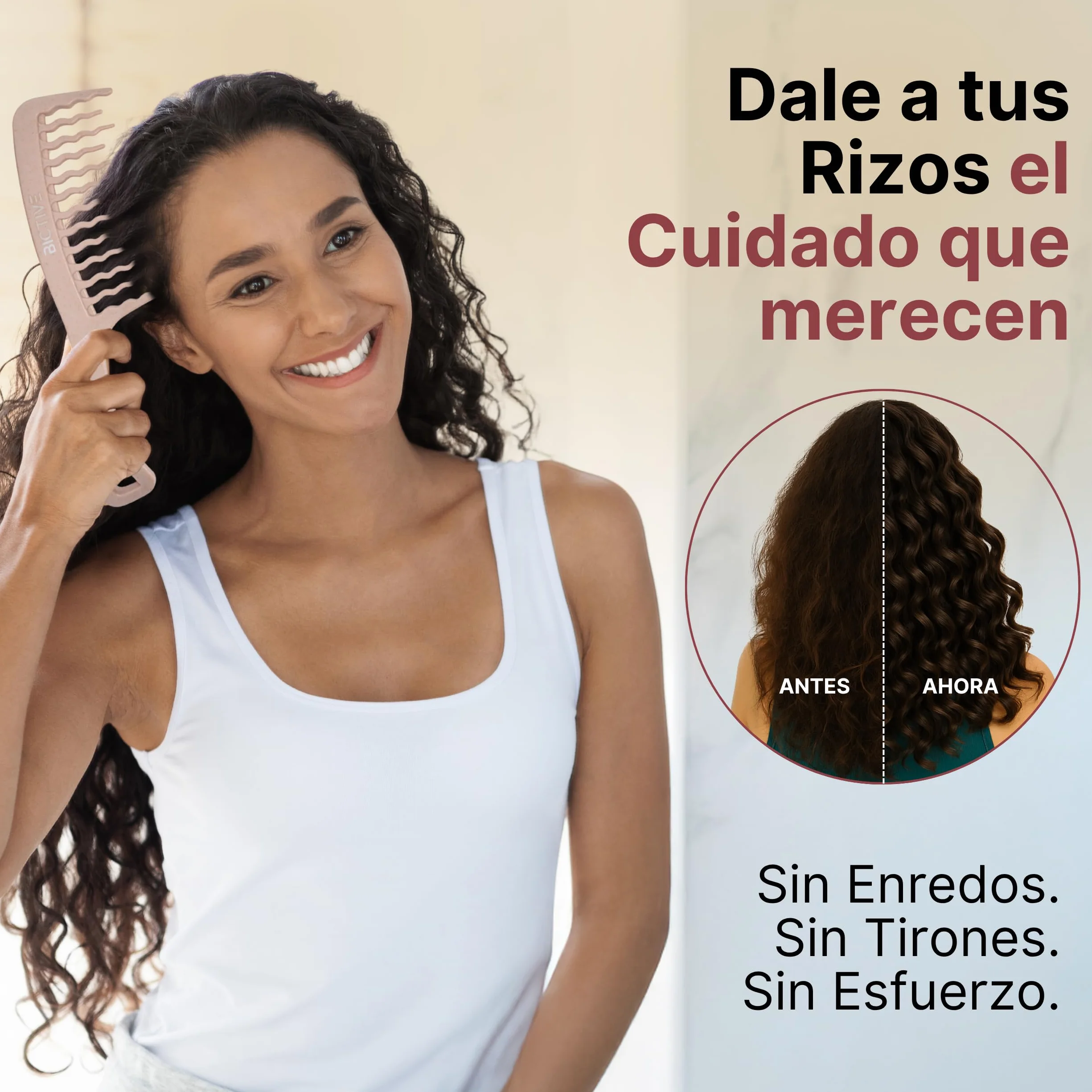 Peine de Púas Anchas para Pelo Rizo, Desenredante, Antitirones, Dientes Anchos (Rosa Nude)