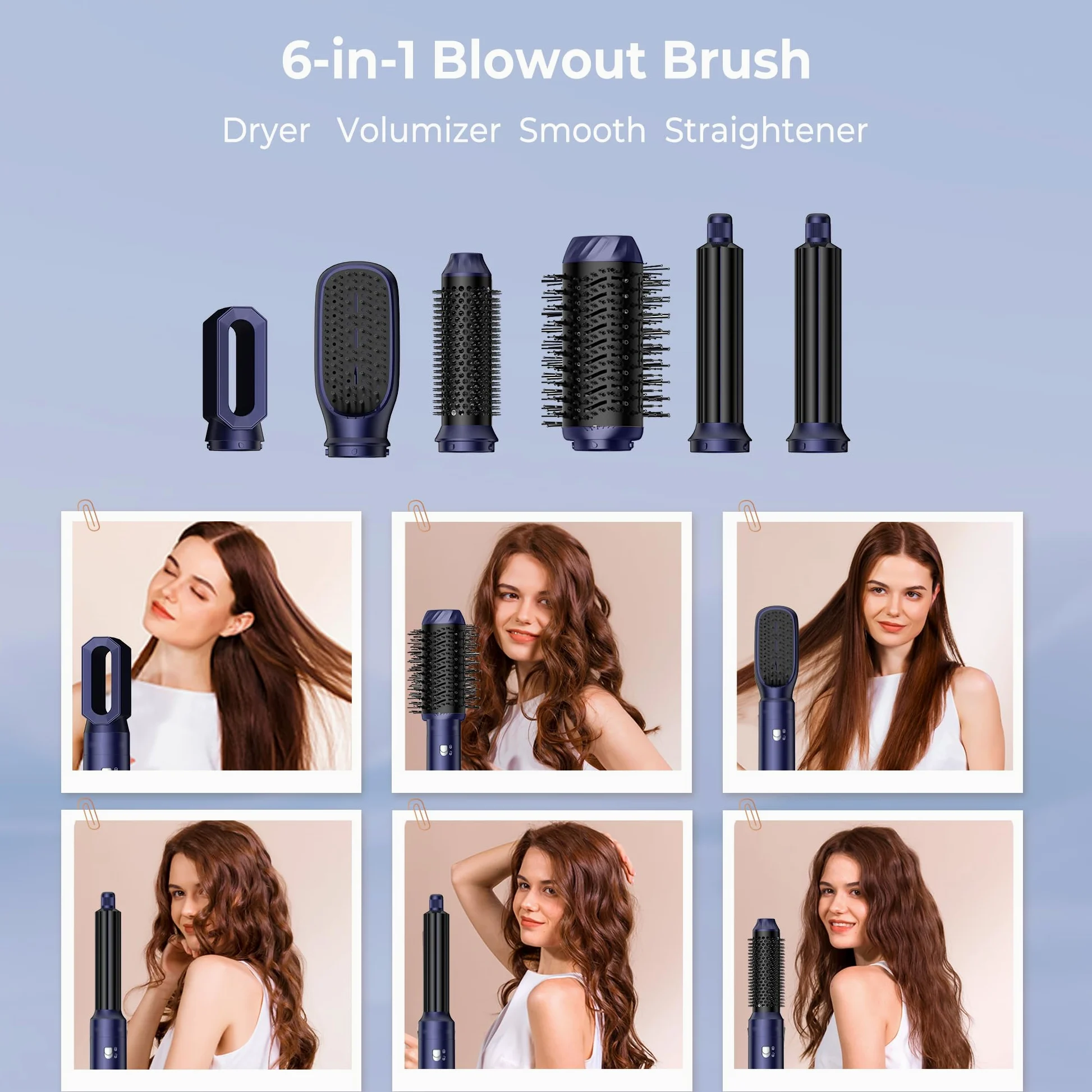 UKLISS Cepillo Secador de Pelo 6 en 1 - Cepillo de Aire Caliente Peinador con Rizador, Thermal Brush, Secado Rápido, Moldeador Pelo Voluminizador- Rizos, Volumen, Alisado y Secado (Azul)