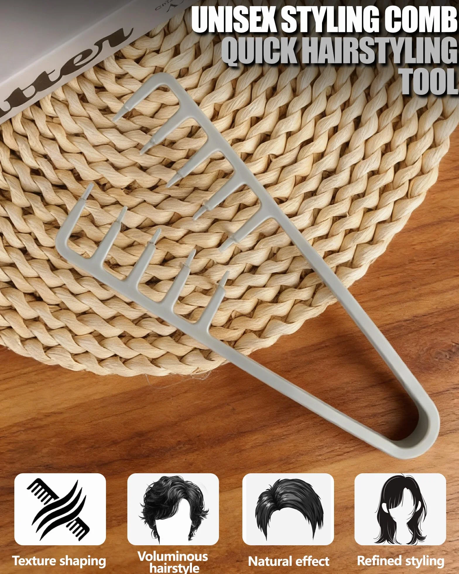 Peine Texturizador Hombre 1 Pieza, Dientes Anchos para Volumen de Raíces, Cabello Rizado - Gris