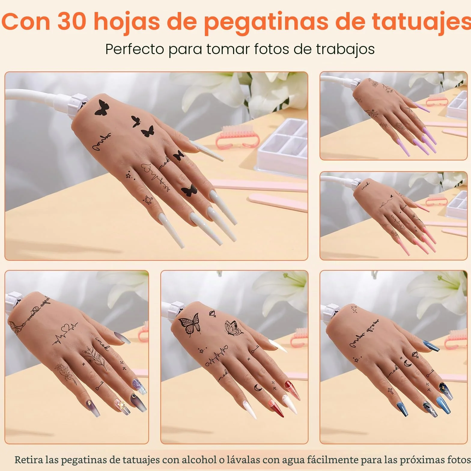 Deciniee Mano para Practicar Uñas: Silicona Mano de Practicas de Uñas Con 240 Puntas De Uñas/5PCS Set de Nail Art Cepillo/Archivo De Uñas – Manicura De Uñas