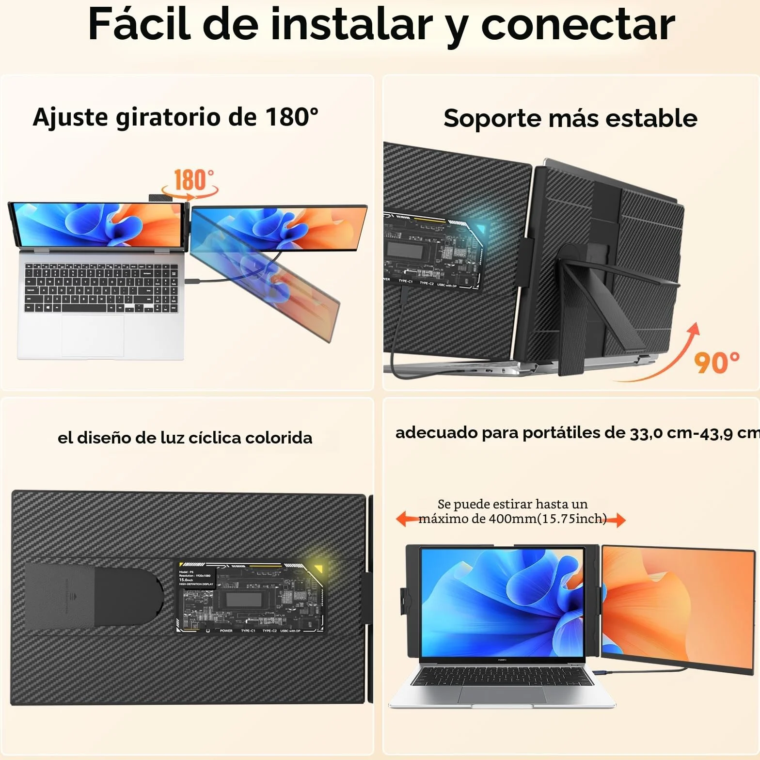 Monitor Portátil 15.6" 1080p IPS Doble Pantalla Extensor para Laptop 13-17,3 Pulgadas