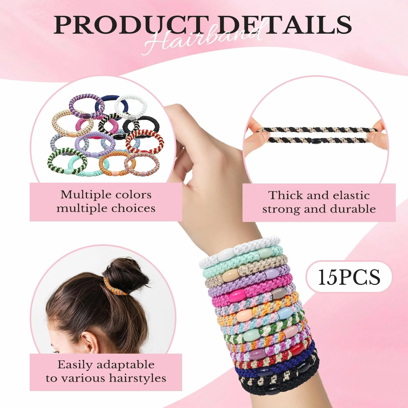 Sularpek 15 Piezas Gomas Elásticas para el pelo para Mujeres Multicolor, Bandas de Algodón Suave Tejidas sin Metal