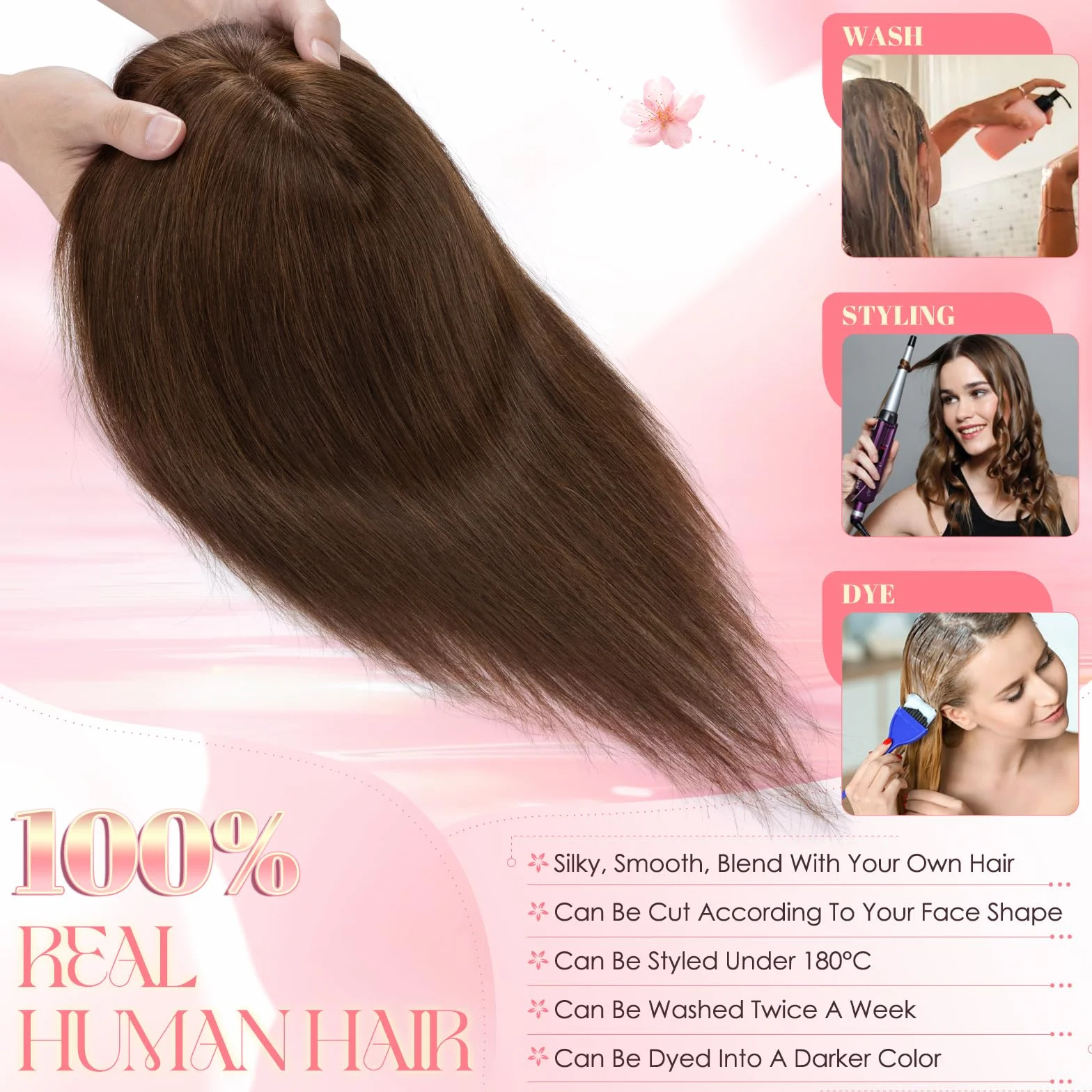 Elailite Flequillo Protesis Capilar Mujer Pelo Natural Clip Postizos Hair Topper Toupee Capilares Encaje Base 7cm*13cm Cabello Humano 45cm 53g #04 Castaño Medio