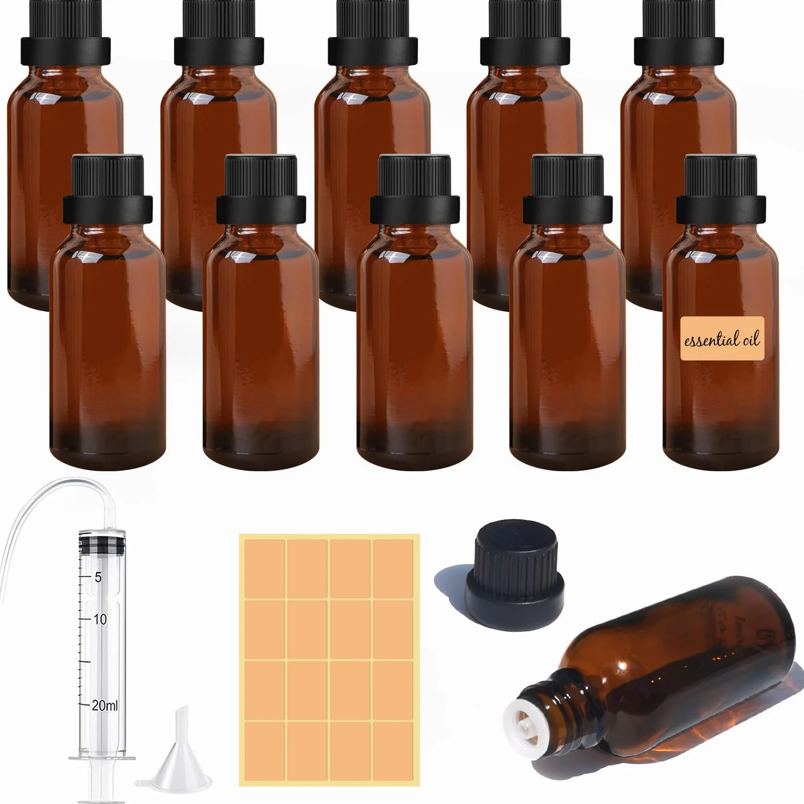Botella de Vidrio Ámbar 50ml, Botellas Pequeñas con Tapa, Jeringa Embudo para Aceites de Masaje, Aromaterapia, Perfume