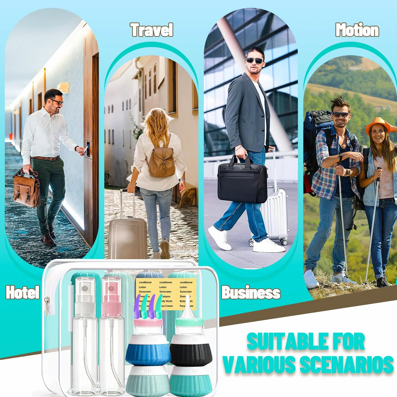 Juego de Botellas de Viaje de Silicona 19 Piezas, Botes Rellenables Compresibles Prueba de Fugas para Avion Champú Loción Acondicionador Gel de Ducha Azul
