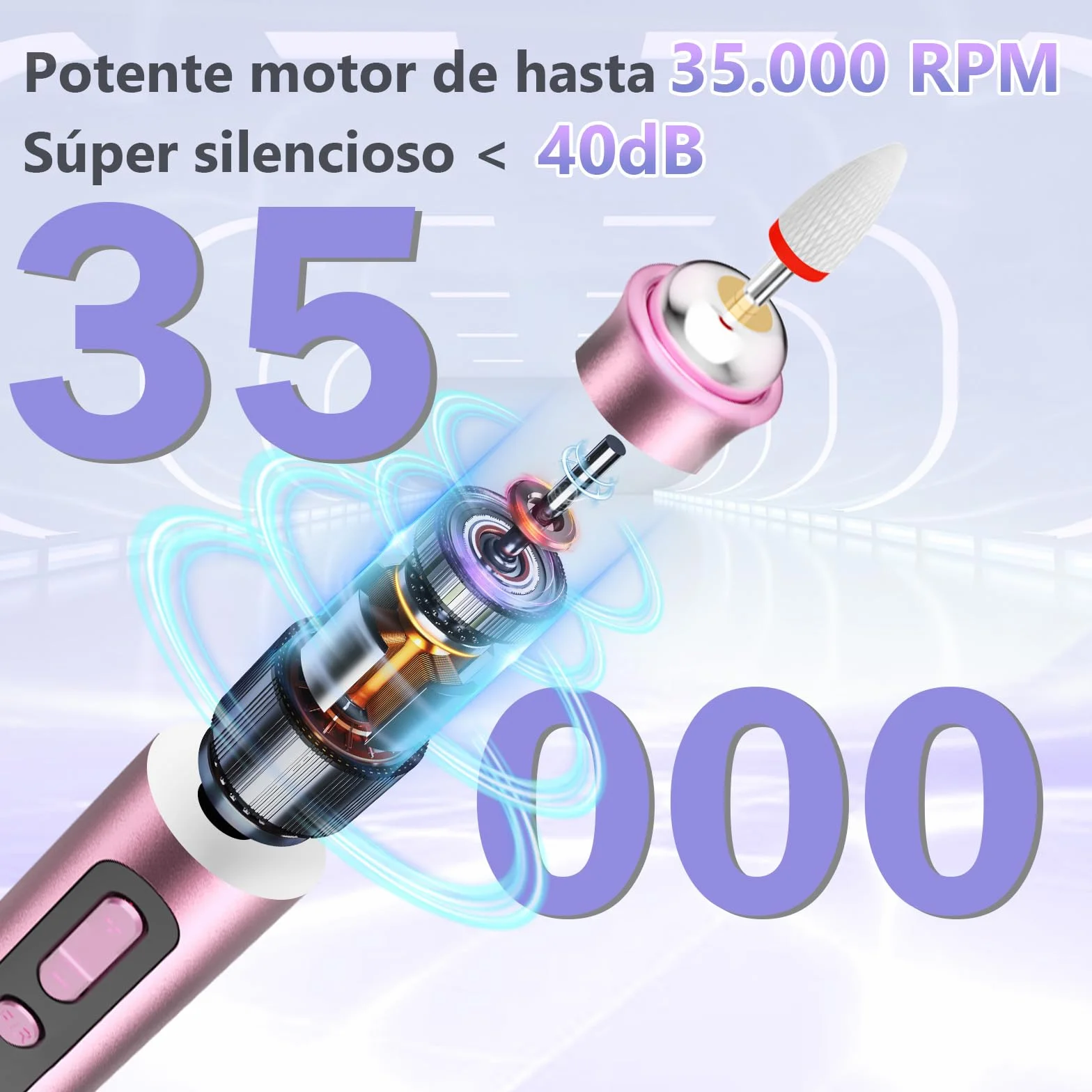 Torno para Uñas Profesional de 35000 RPM, Lima Eléctrica para Uñas de Gel y Acrílicas, Torno sin Cable con Velocidad Ajustable para Manicura y Pedicura