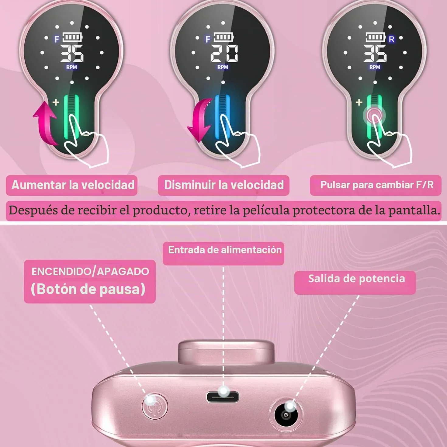 Torno para Uñas Profesional 35000 RPM, Autonomía 20H Lima Eléctrica Inalámbrica para Uñas de Gel y Acrílico, Kit con 13 Brocas y 56 Bandas de Lija, Pantalla LCD, Rosa (S506)