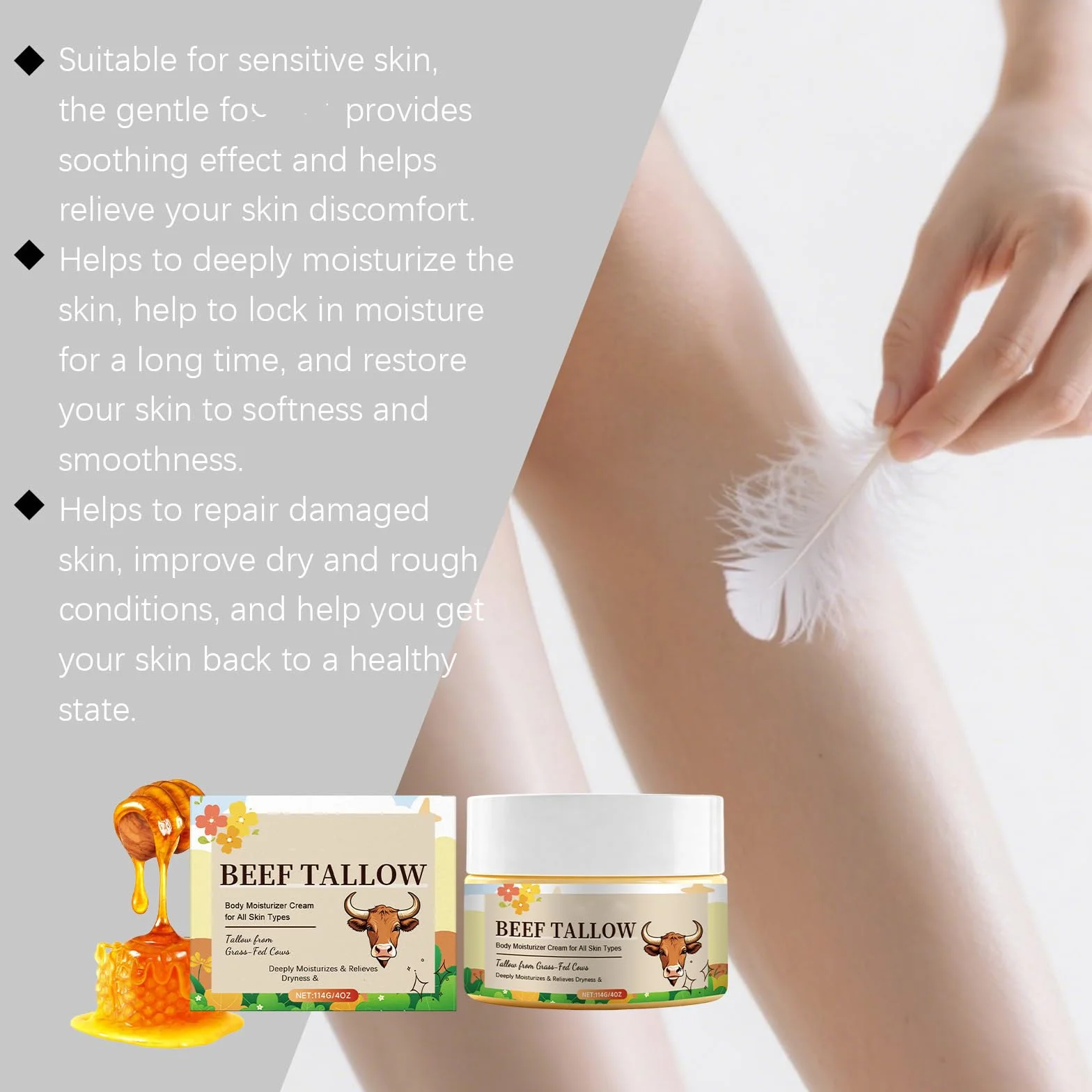 Beef Tallow & Miel Crema, Crema Hidratante de Sebo para Cara y Cuerpo, Hidratación Profunda para Piel Seca y Sensible, Bálsamo de Absorción Rápida, Piel Suave y Lisa (8pc)