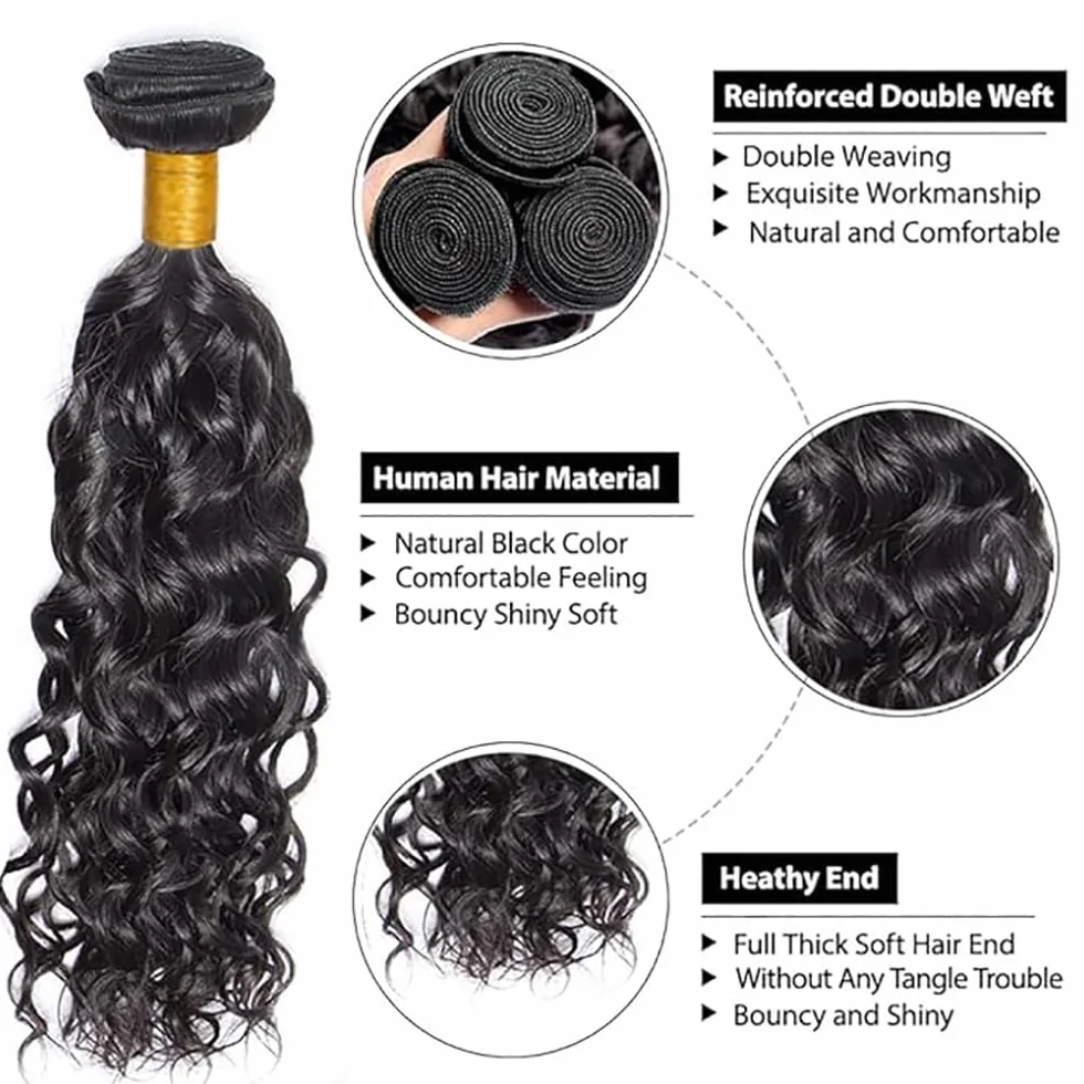 Extensiones de cabello humano ondulado de agua, extensiones de pelo humano sin procesar, Remy real, 3 extensiones de pelo humano #1B, color negro natural para mujer de 40,64 cm