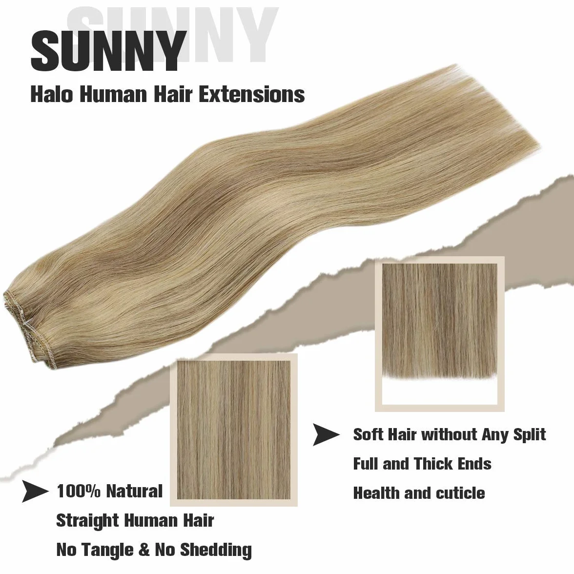 Sunny Invisible Halo Weft Extensiones de Cabello Natural Hilo 20 Pulgadas 100% Cabello Humano Real Extensions 100g Highlight Rubio Dorado con Medio 16/22#