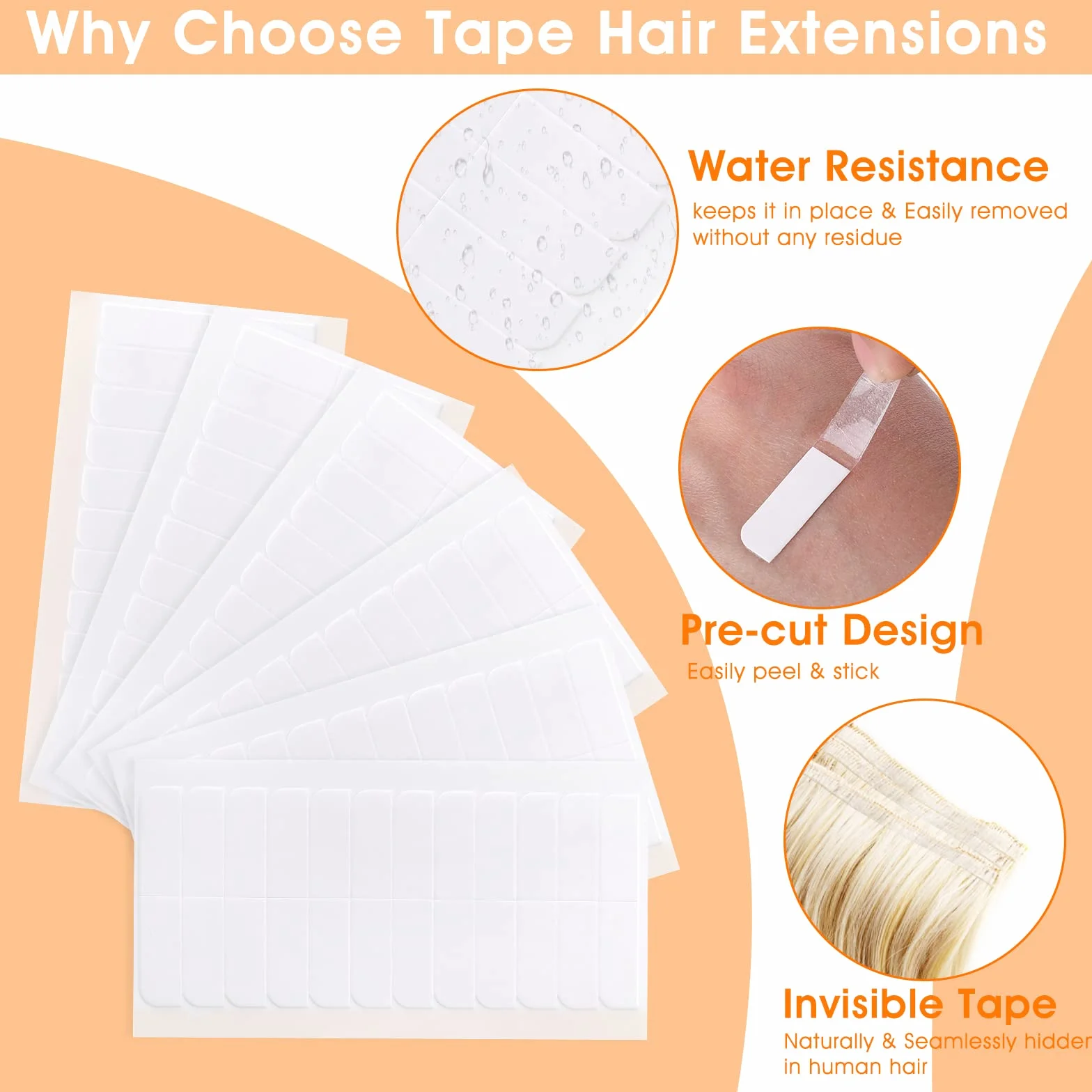 TIESOME 144PCS Cinta Adhesiva Doble Cara para Extensiones de Cabello Impermeable Peluca (Blanco)