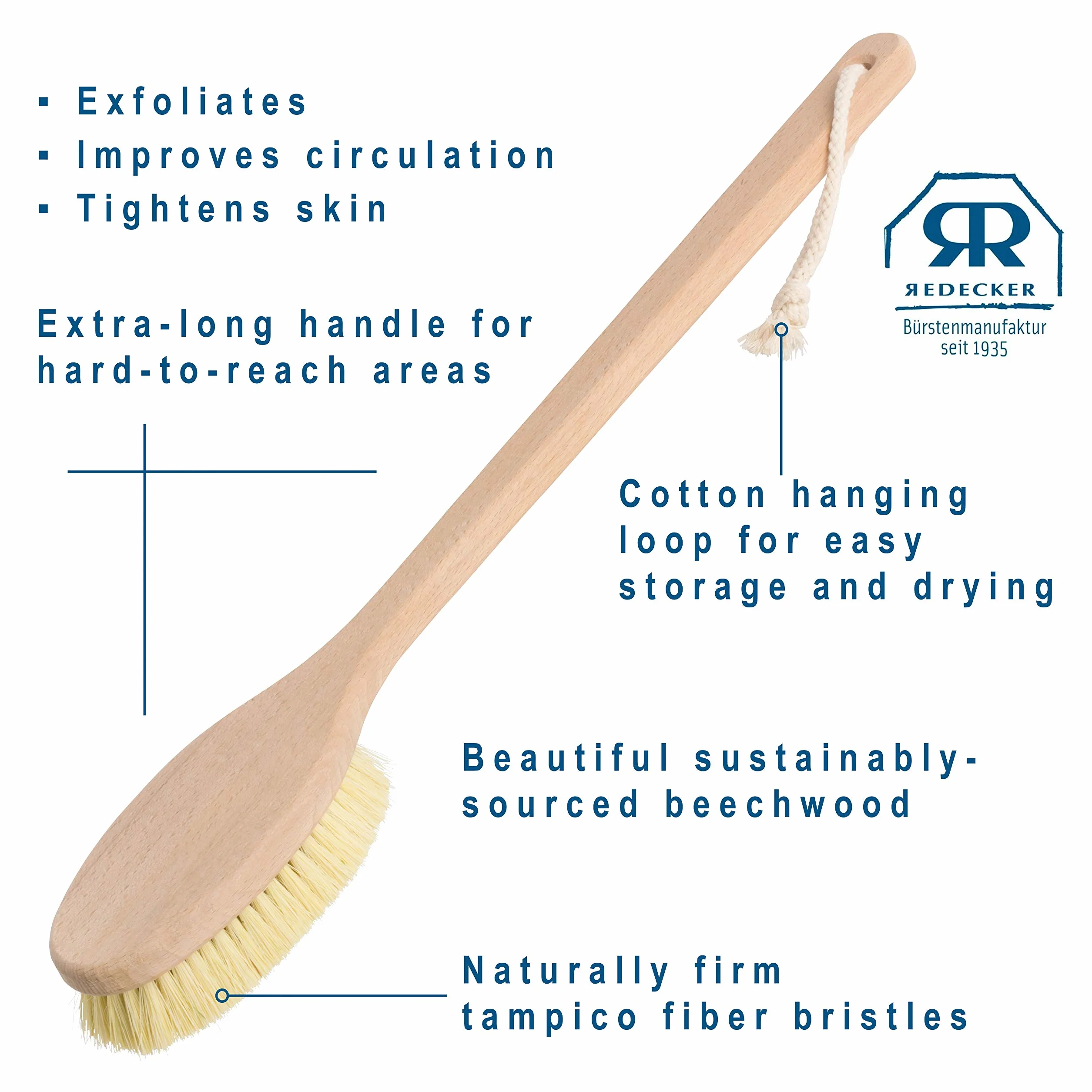 REDECKER Tampico - Cepillo de baño de fibra con mango de madera de haya aceitada, 19-5/8 pulgadas, mango largo para ducha, cepillo corporal con pelo de caballo natural, fabricado en Alemania