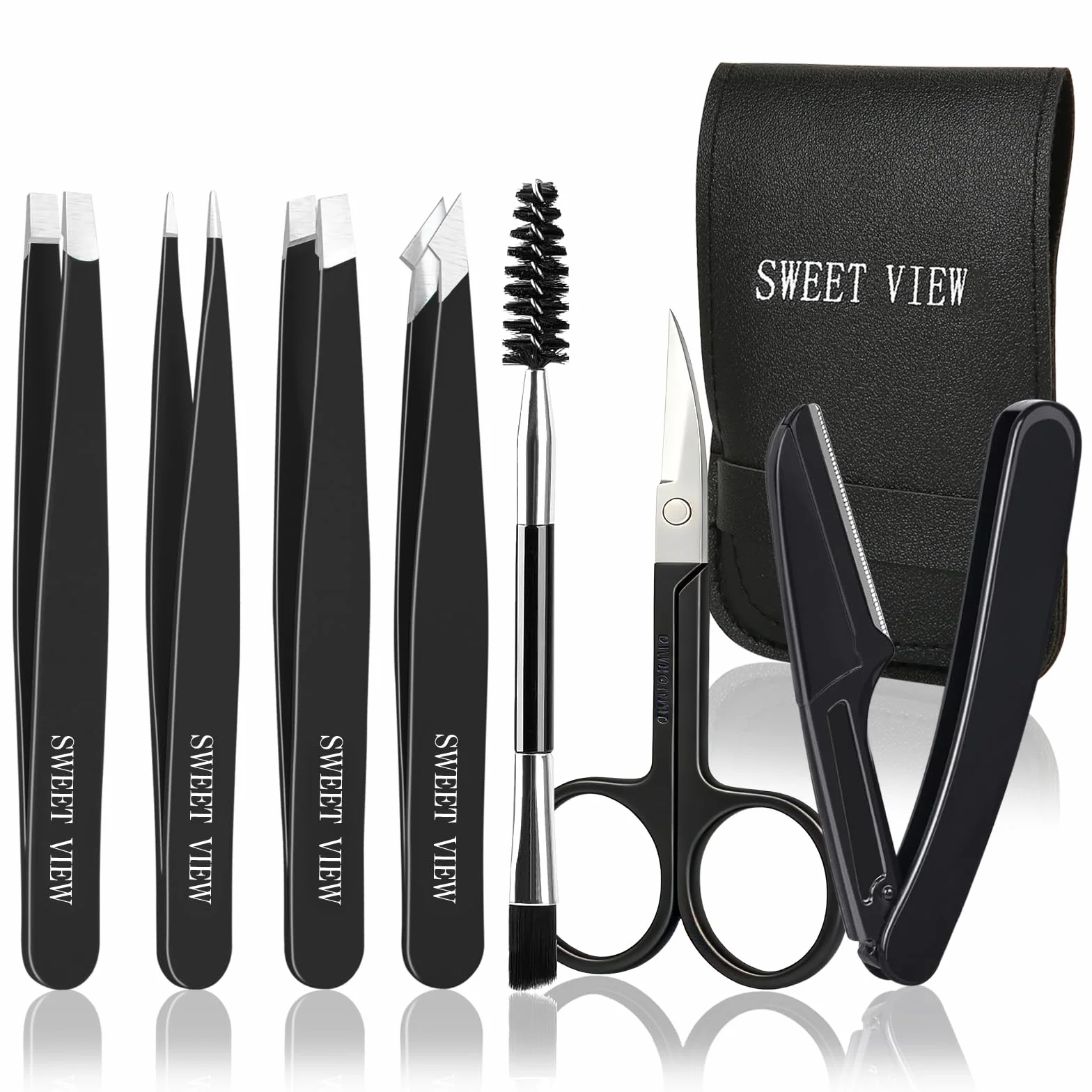 Pinzas depilar profesionales 7 piezas SWEET VIEW para cejas facial (Negro)