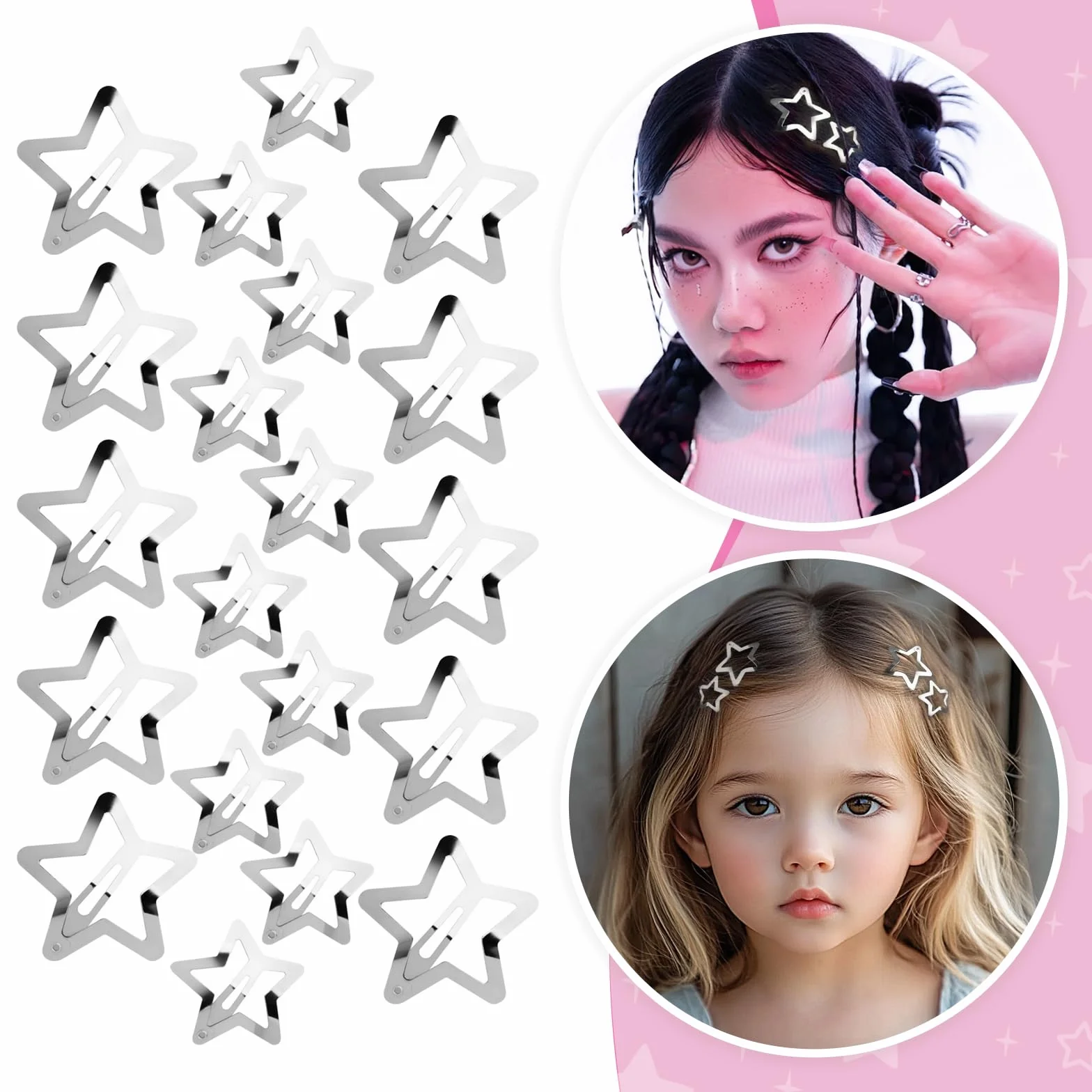 Horquillas de estrella plateada Y2K para el cabello, accesorios con pinzas, 20 piezas