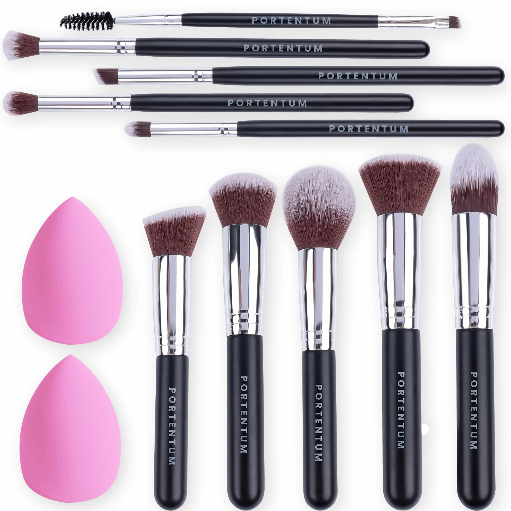 PORTENTUM Brochas de Maquillaje Set 10+2 Piezas Base Polvos Colorete Contorno