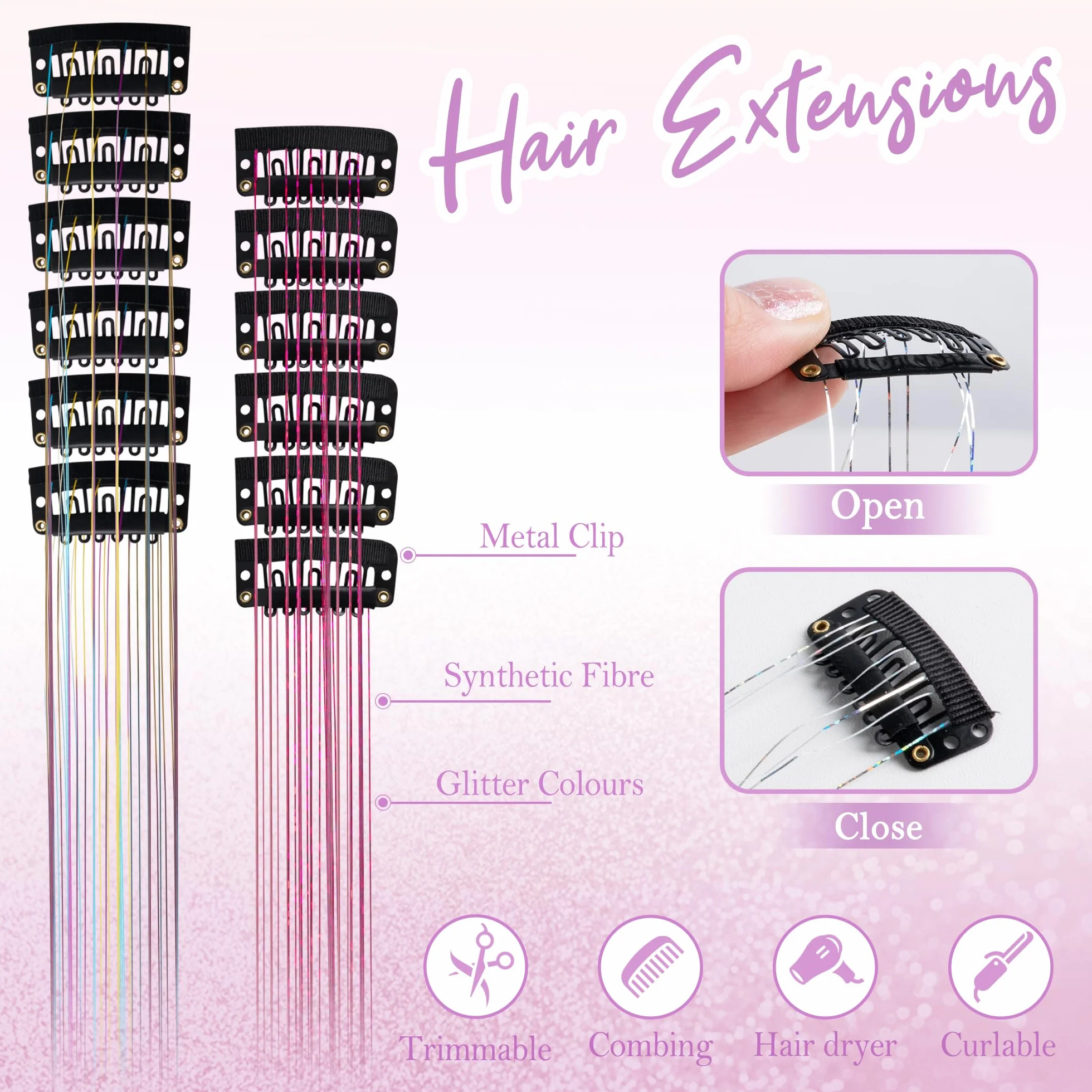 Extensiones de Cabello de Oropel de Hadas 12 Piezas, Accesorios Brillantes de Moda para Mujeres y Niñas - Plata