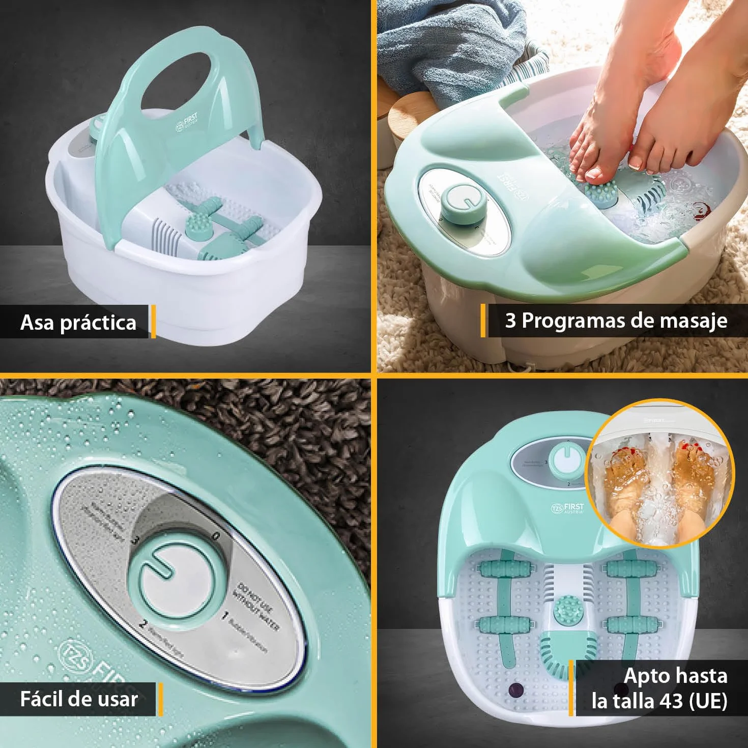 TZS First Austria Spa de pies, masaje con vibración y burbujas de aire, función de infrarrojos y calor, baño de pies, 80 W, 3 programas, 3 accesorios, mango plegable, caja de aromas